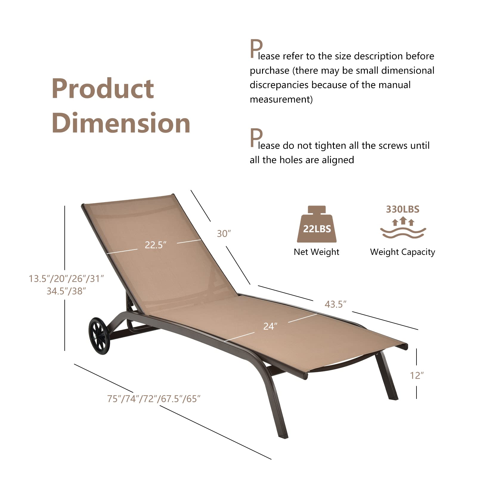 Tangkula Outdoor Chaise Lounge Chair - 6-Position Adjustable Patio Recliner with Breathable Fabric & Smooth Wheels - Brown (Set of 2) - Perfect for Poolside, Backyard, Garden Relaxation & Sunbathing