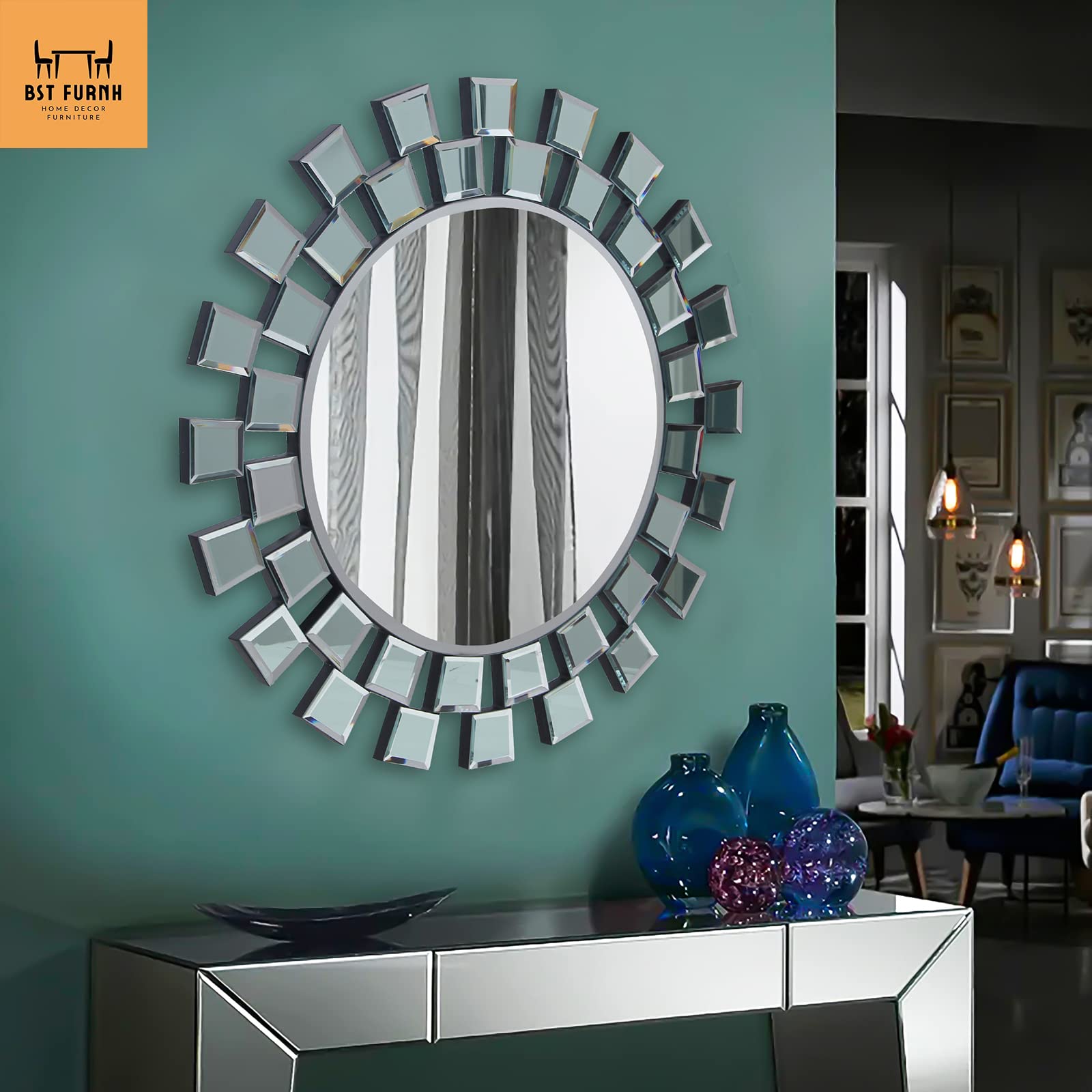 BST FURNH 24 Inch Sunburst Mirror - Round Frameless Wall Decor for Living Room, Bedroom & Bathroom | Elegant Sun Mirror for Home & Office Decoration