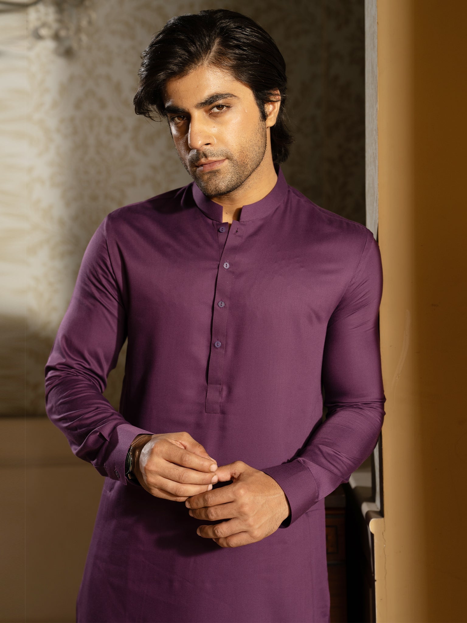 Blended Burberry Deep Purple Kurta Trouser by J. Junaid Jamshed - Elegant Ethnic Outfit for Weddings & Festive Occasions