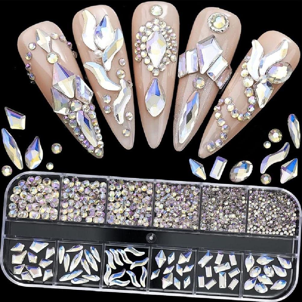 Hibye 3D Glass Crystal Rhinestones for Nails - Mixed Shapes & Sizes Flatback Gems with Storage Box - Perfect for Acrylic Nails, Nail Art Decorations, DIY Manicures and Salon Use