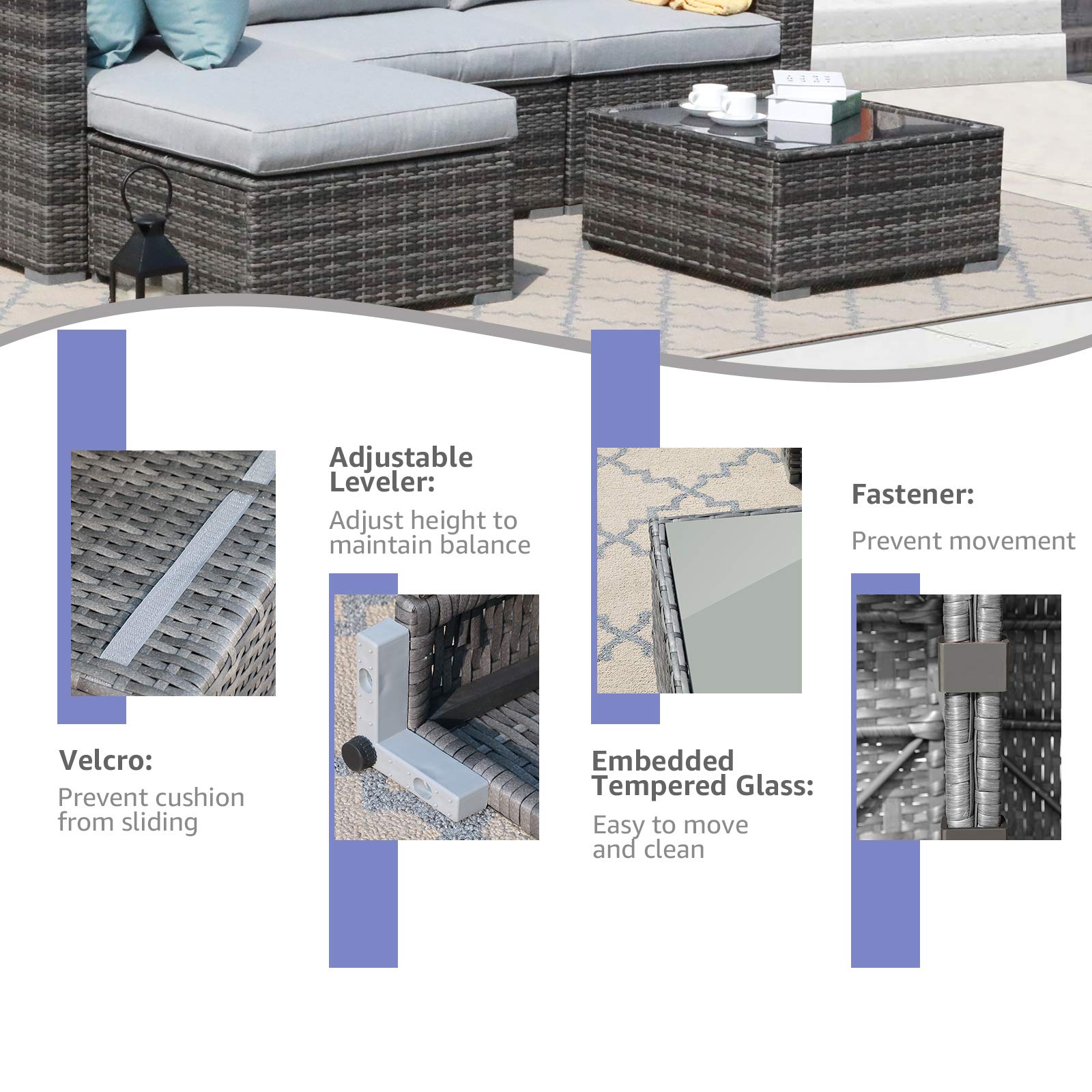 7-Piece All-Weather Outdoor Patio Furniture Set - Grey PE Wicker Rattan Sectional Sofa with Glass Table & Cushions - Perfect for Garden, Porch, Backyard and Poolside Relaxation