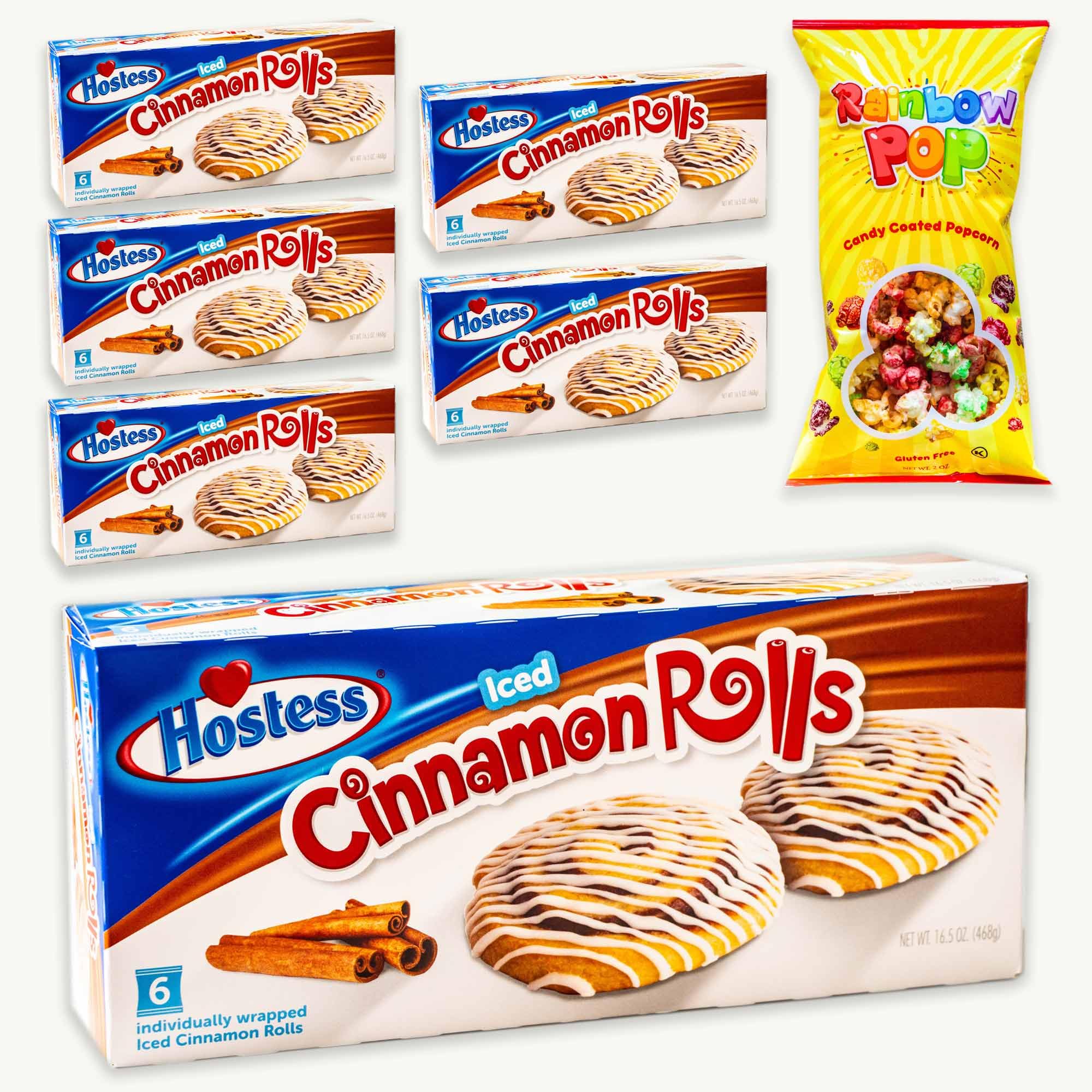 Delicious Iced Cinnamon Rolls (6 Pack - 36 Rolls) & Rainbow Candy Coated Popcorn (2oz) - Gourmet Snack Bundle with 7 Items - Perfect for Parties, Gifts & Movie Nights