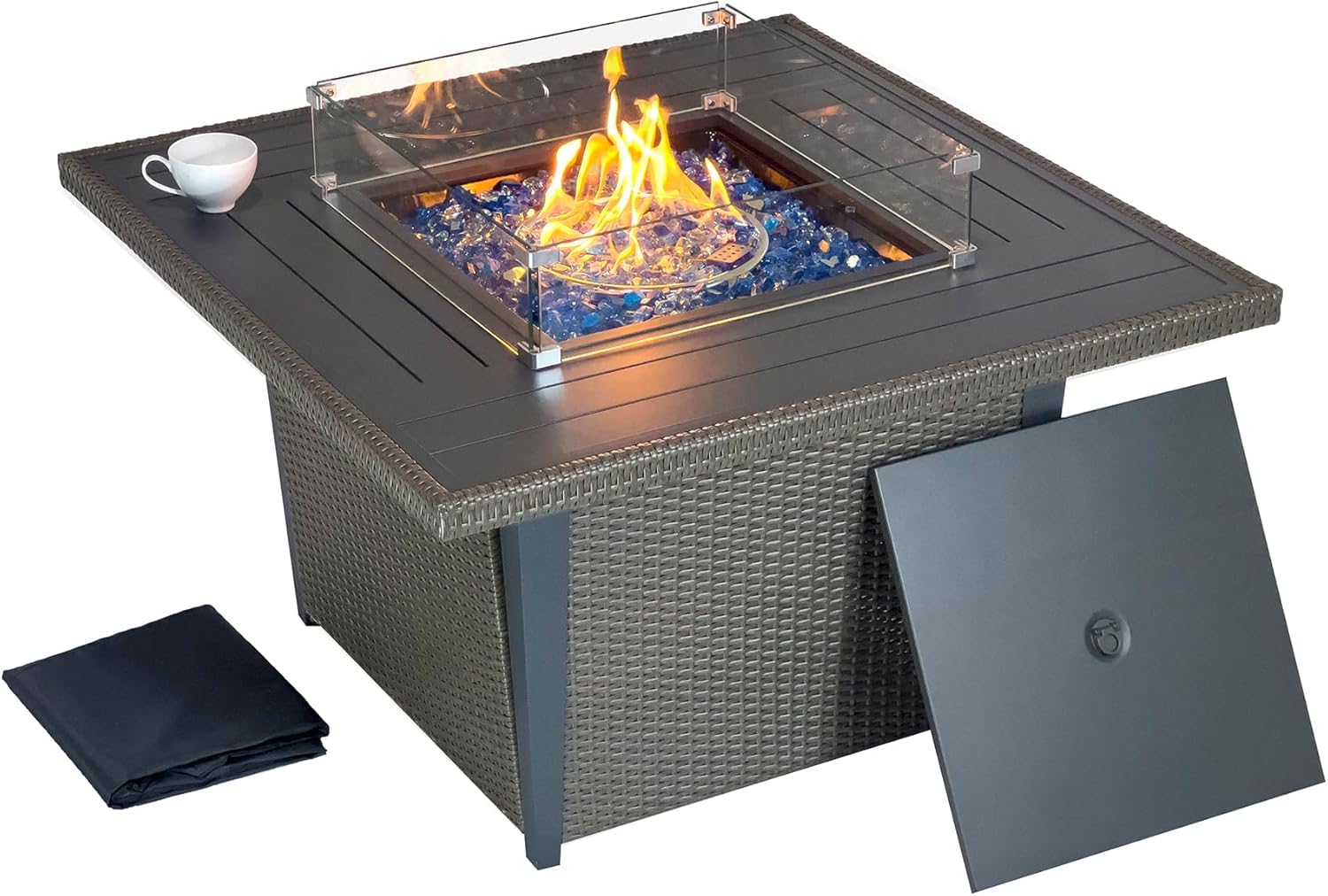 42 Inch Square Propane Fire Pit Table - 50,000 BTU Auto-Ignition Outdoor Gas Fire Pit with Glass Wind Guard - CSA Certified for Patio, Backyard & Garden - Perfect for Outdoor Entertaining & Relaxation