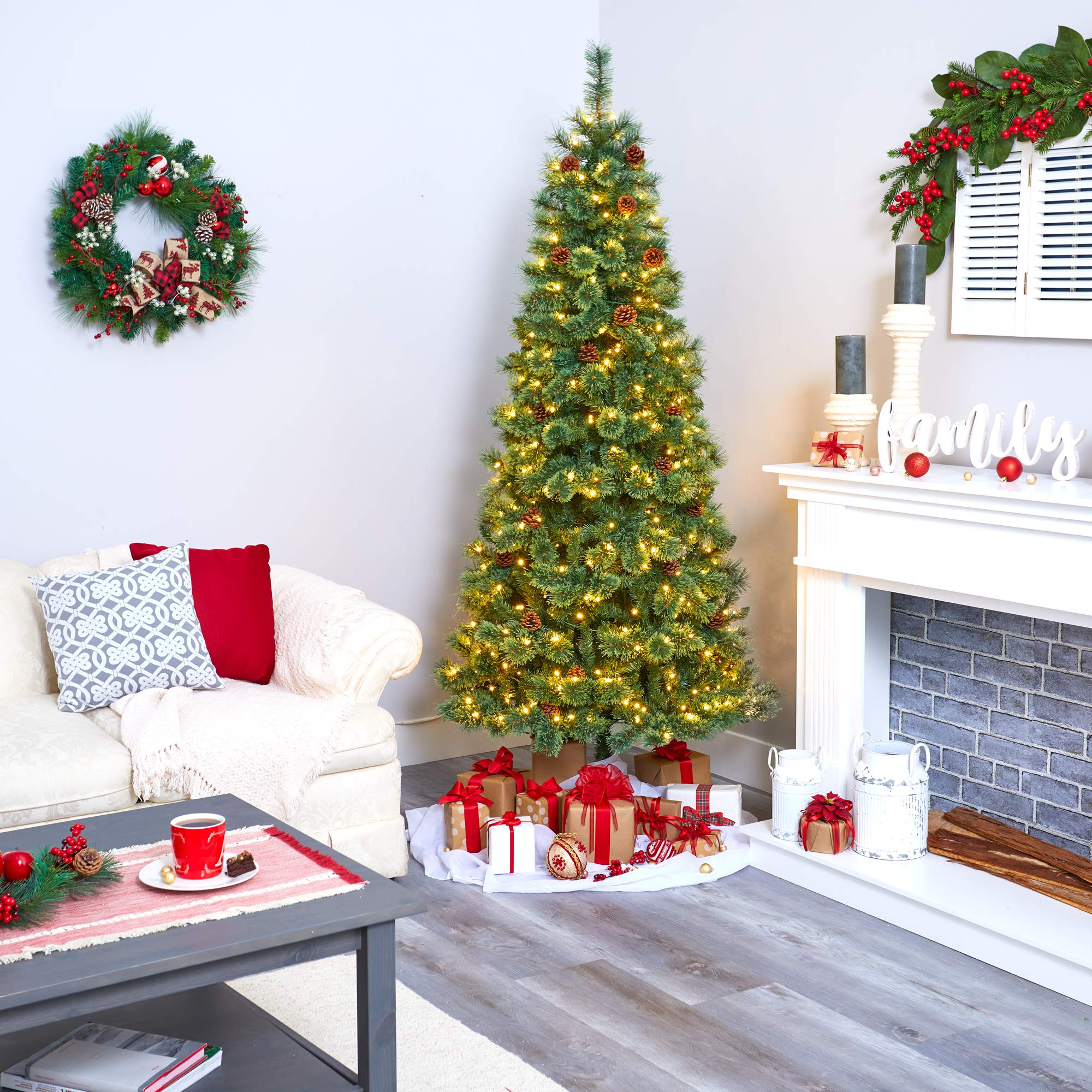 Nearly Natural 7ft White Mountain Pine Artificial Christmas Tree with 400 Clear LED Lights & Pine Cones - Perfect for Holiday Home Decor, Office Christmas Party & Festive Indoor Decoration