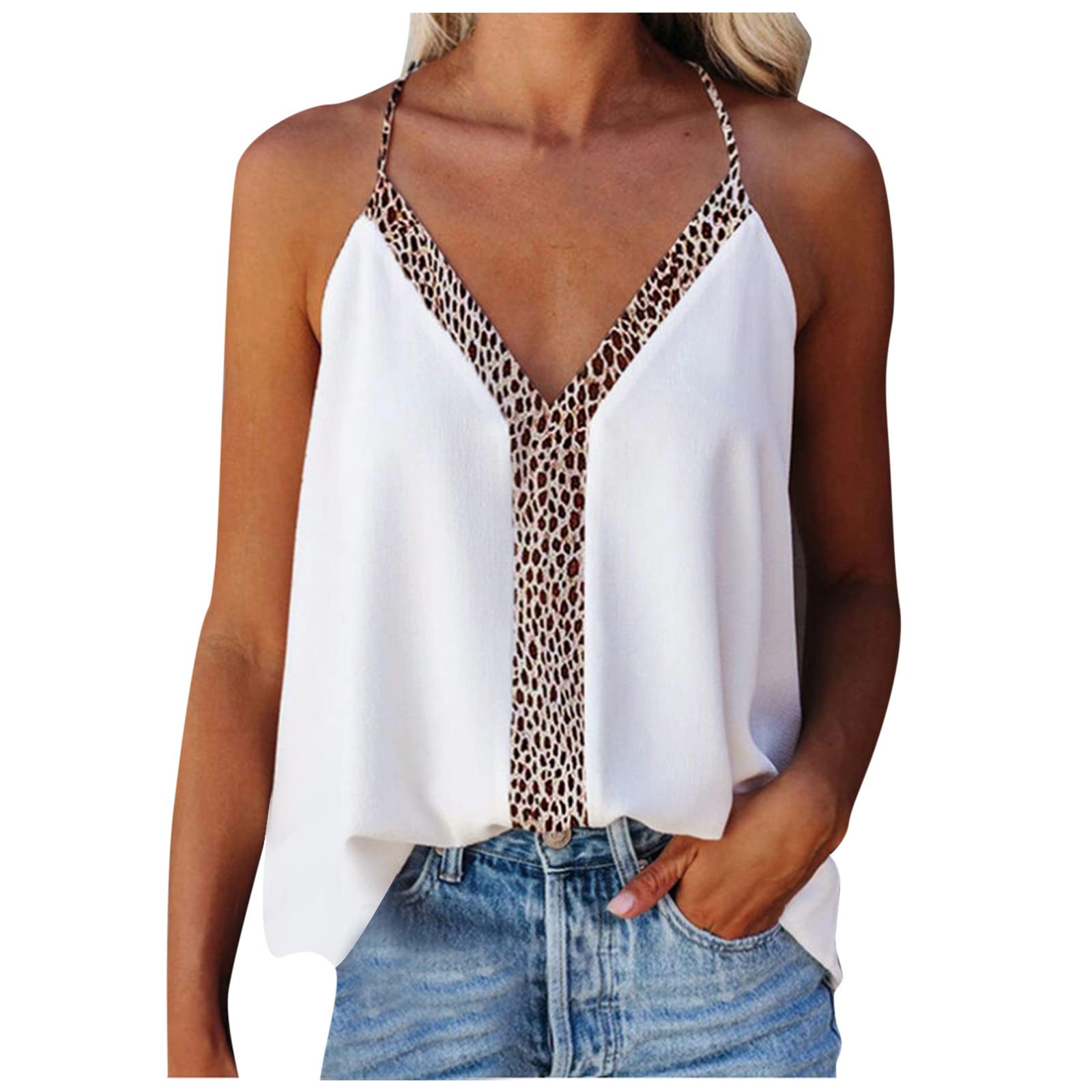 Eaktool Women's Sleeveless Tops - Casual Summer V-Neck Spaghetti Strap Shirt in Solid Colors & Leopard Print | Perfect for Beach Outings, Date Nights & Summer Vacations