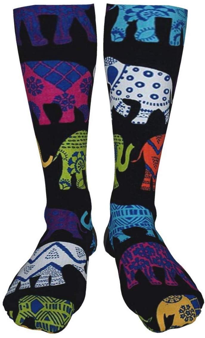 Black Elephants Compression Socks for Men & Women - Crazy Patterned Fun Long Cotton Socks Over The Calf - Perfect for Running, Travel & Work