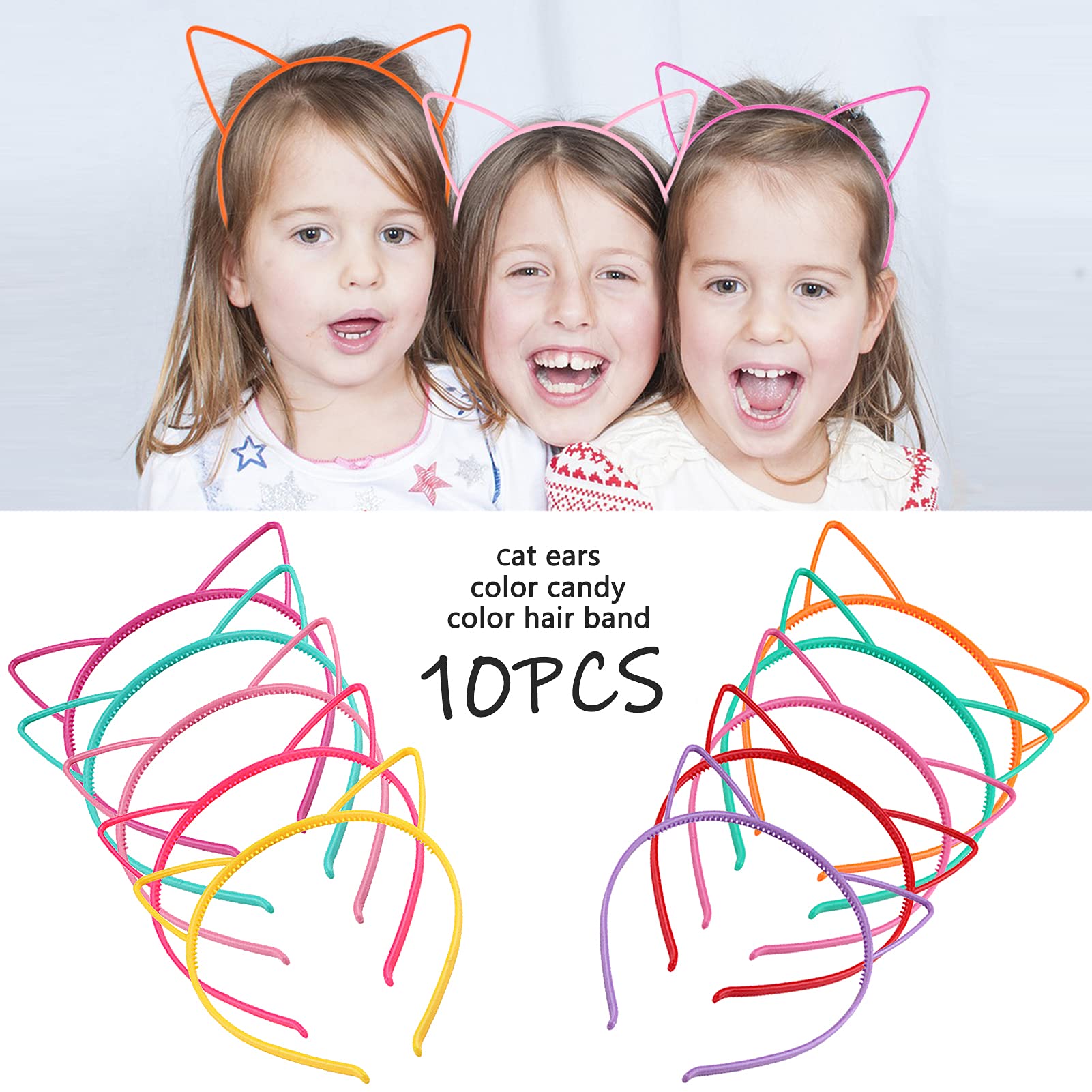 10 Pcs Plastic Cat Ears Headbands for Kids, Girls & Women - Multicolor Cute Sawtooth Kitty Ears Headwear for Halloween, Birthday Party, Cosplay & Costume Accessories