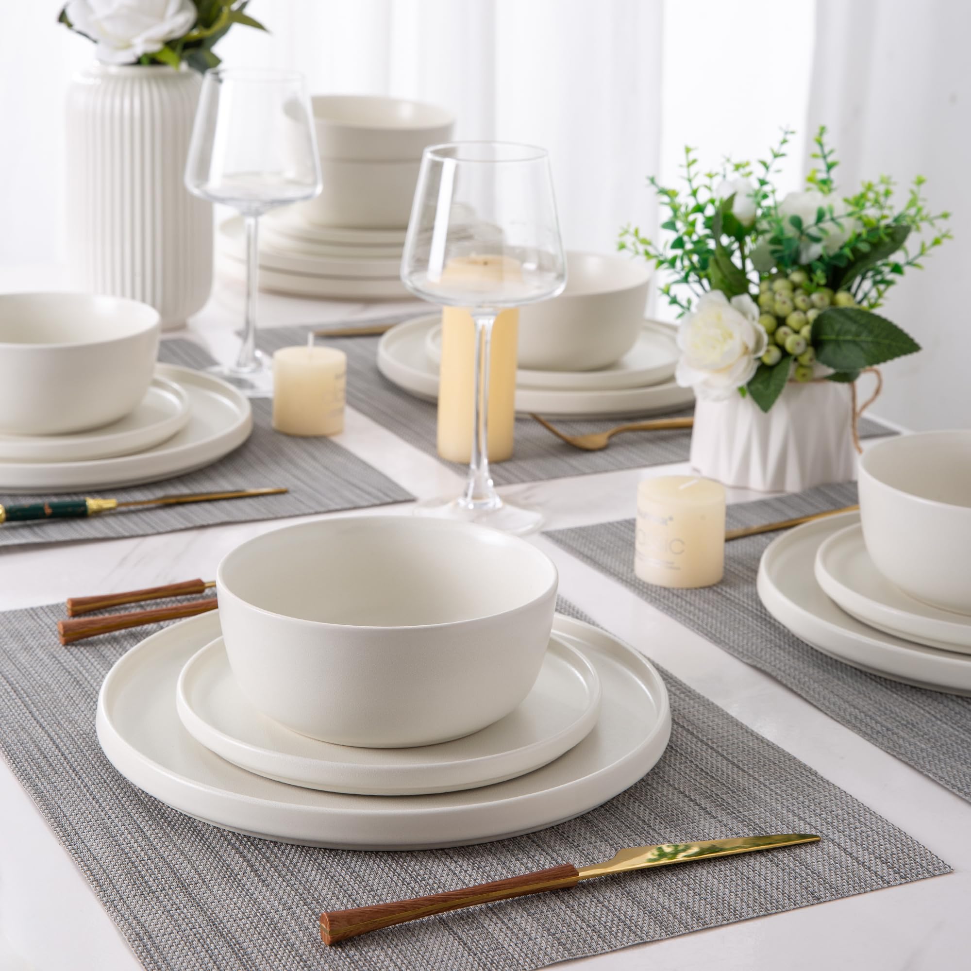 AmorArc 18-Piece Stoneware Dinnerware Set for 6 - Chip & Crack Resistant Ceramic Plates & Bowls | Dishwasher & Microwave Safe | Matte White Round Dishes | Perfect for Family Dinners, Restaurants & Entertaining