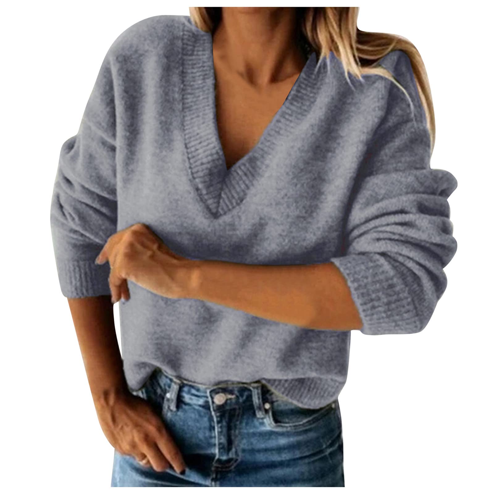 Women's Long Sleeve V-Neck Cotton Sweater - Loose Knit Oversized Pullover Cardigan | Cozy Fall Winter Fashion for Casual Outfits & Layering