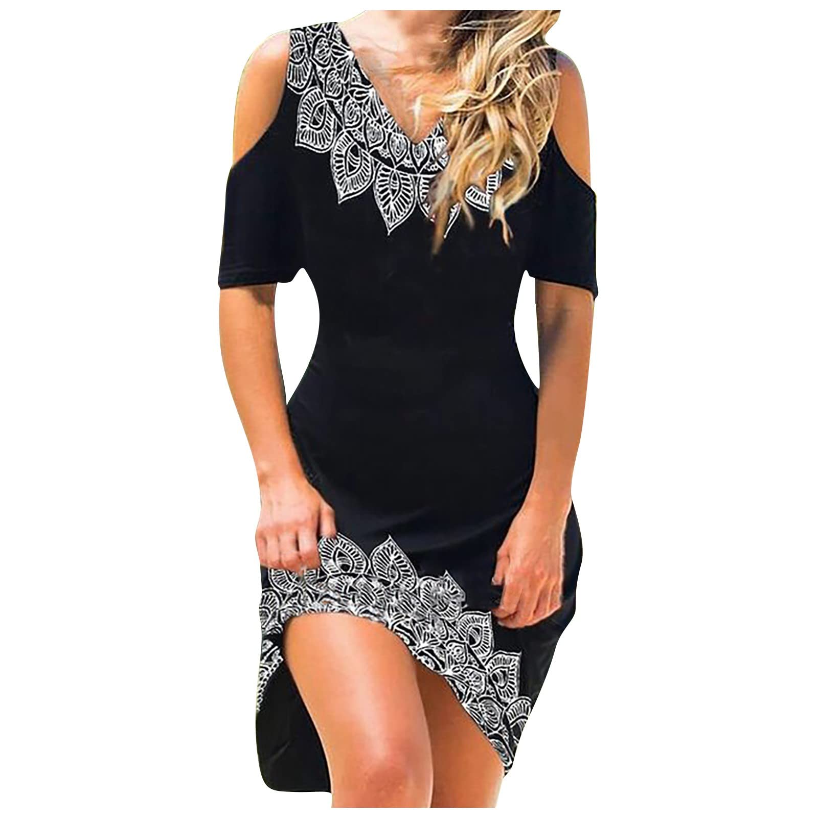 EOPUING Women's Cold Shoulder Bodycon Midi Dress - Summer Floral Print Wrap Dress with Empire Waist for Casual, Party & Vacation Wear
