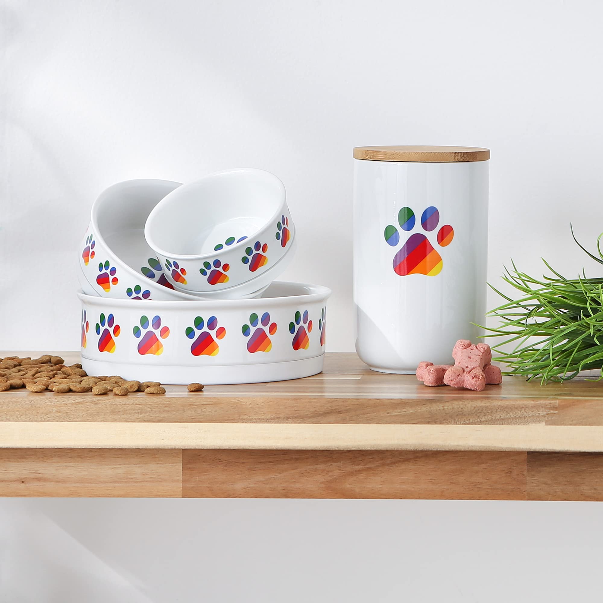 Non-Slip Ceramic Pet Bowls for Food & Water - 2 Pack Large (7.5x2.4 Inch) Bone Dry Design, Microwave & Dishwasher Safe - Rainbow Paw Print for Dogs & Cats - Perfect for Mess-Free Feeding at Home or Travel