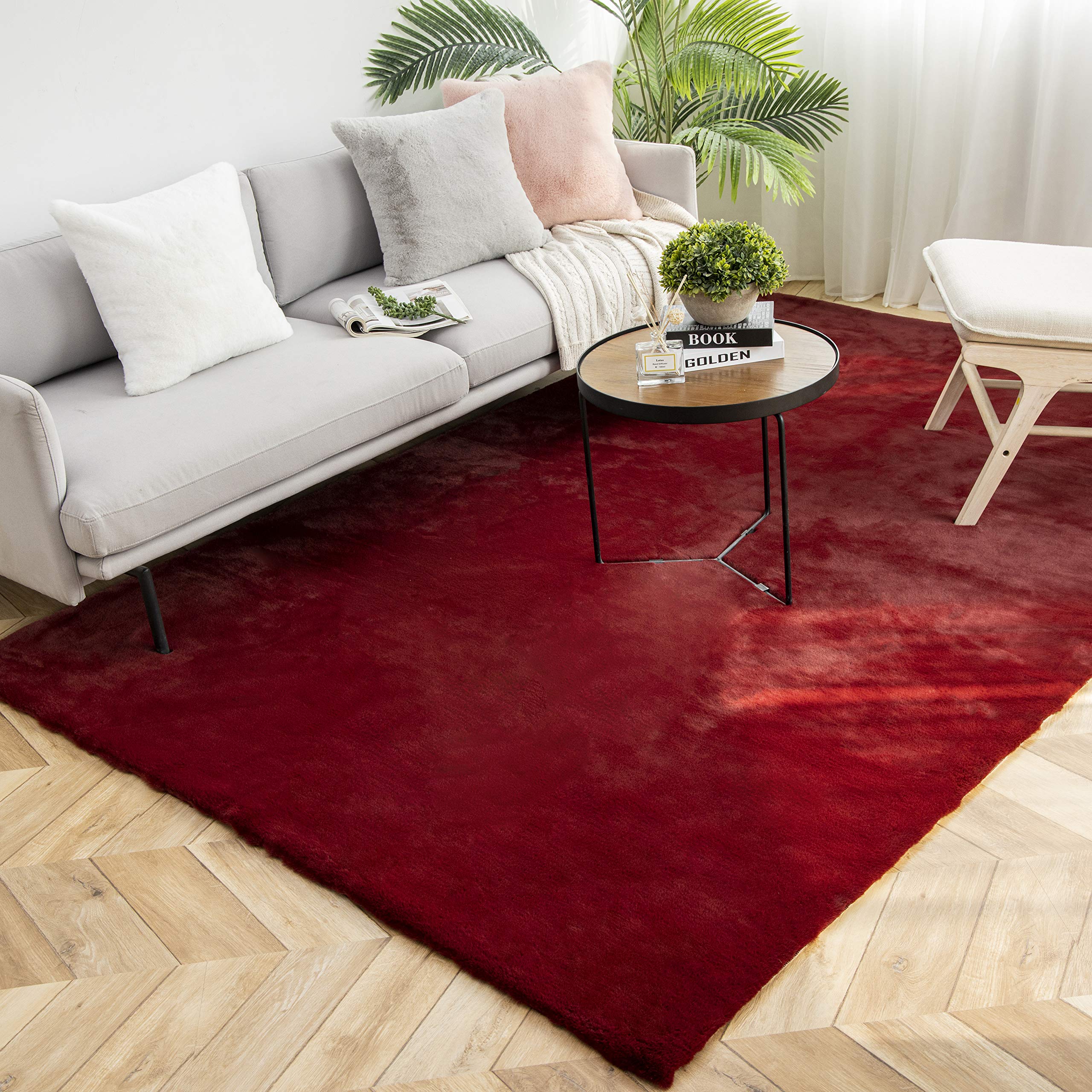 Ashler Ultra Soft Faux Rabbit Fur Throw Blanket - 6x9 Feet Reversible Area Rug & Couch Cover for Sofa, Bed, Living Room, Bedroom Floor - Cozy Home Decor for Winter & Pet-Friendly (Red)