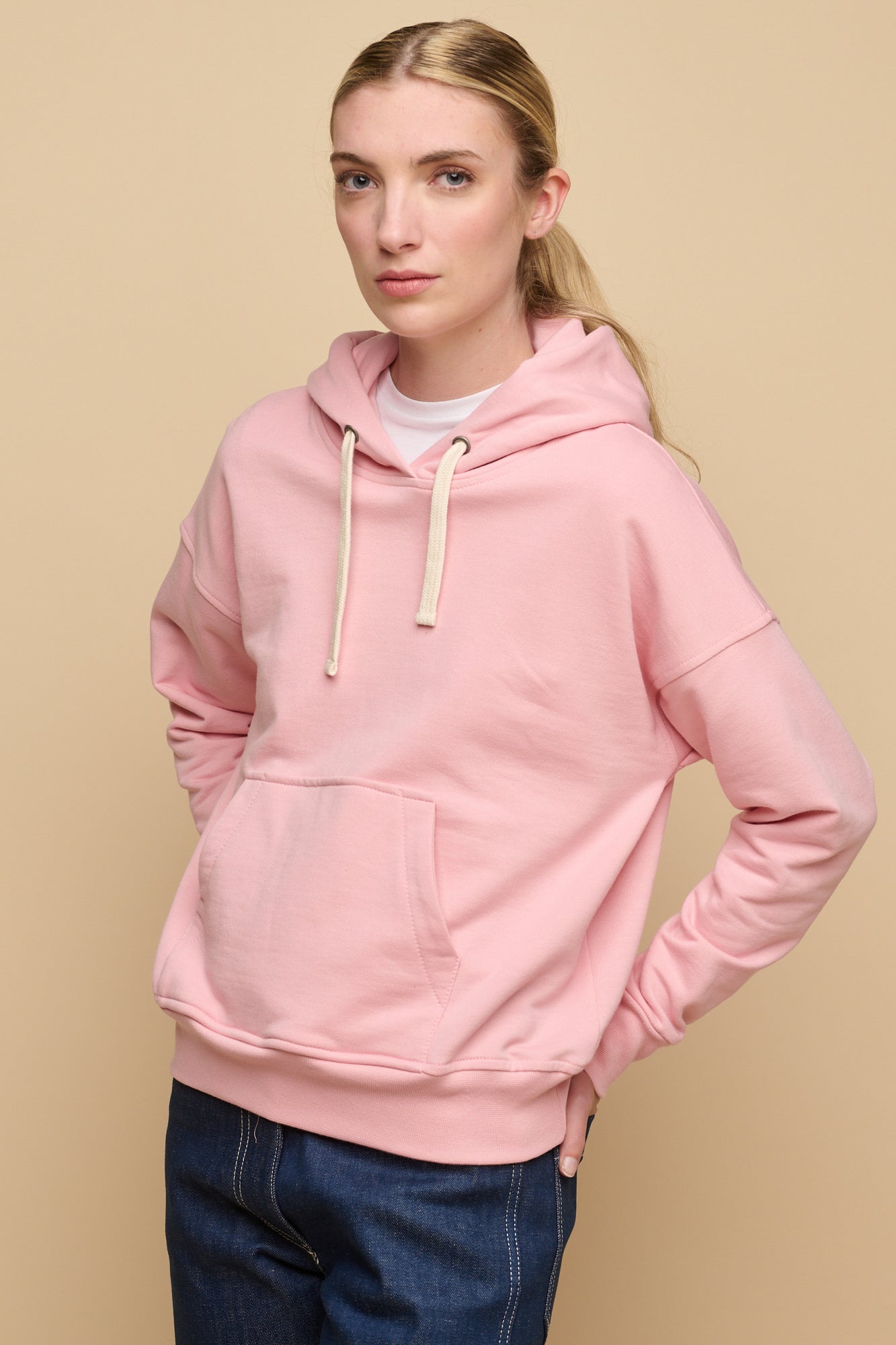 Women's Pale Pink Hooded Sweatshirt - Soft Fleece Pullover with Kangaroo Pocket | Cozy Casual Wear for Fall & Winter, Gym, Lounge, and Outdoor Activities