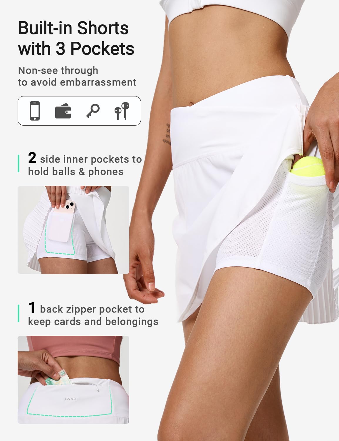 BVVU Women's Pleated Tennis Skirt with Built-in Shorts - High Waisted Athletic Skort for Golf, Running & Workouts - Lightweight & Breathable for Sports & Casual Wear