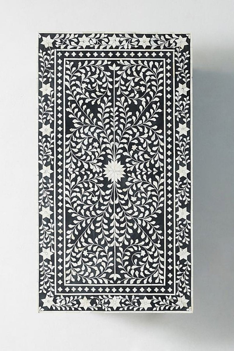 Handmade Bone Inlay Floral Design Black Two-Drawer Small Coffee Table - Perfect for Living Room, Bedroom & Office Decor