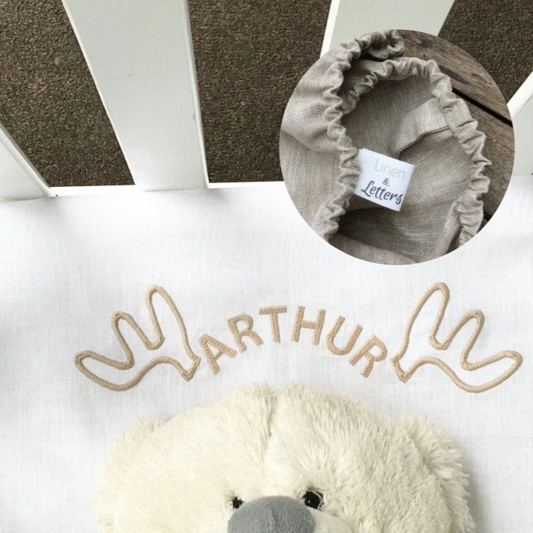 Premium Linen Cot Sheet with Embroidered Moose Monogram - Soft, Breathable Nursery Bedding for Baby Cribs - Perfect for Nurseries, Daycares & Gift Registries