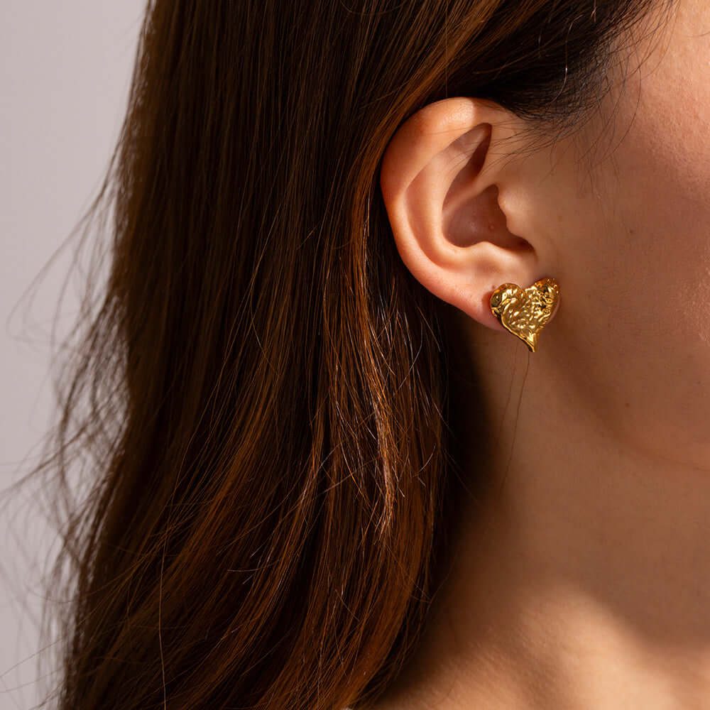 Minimalist Engraved Texture 18K Gold Plated Heart Stud Earrings for Women | JDE033 | Perfect for Valentine's Day, Anniversary Gifts & Everyday Elegance