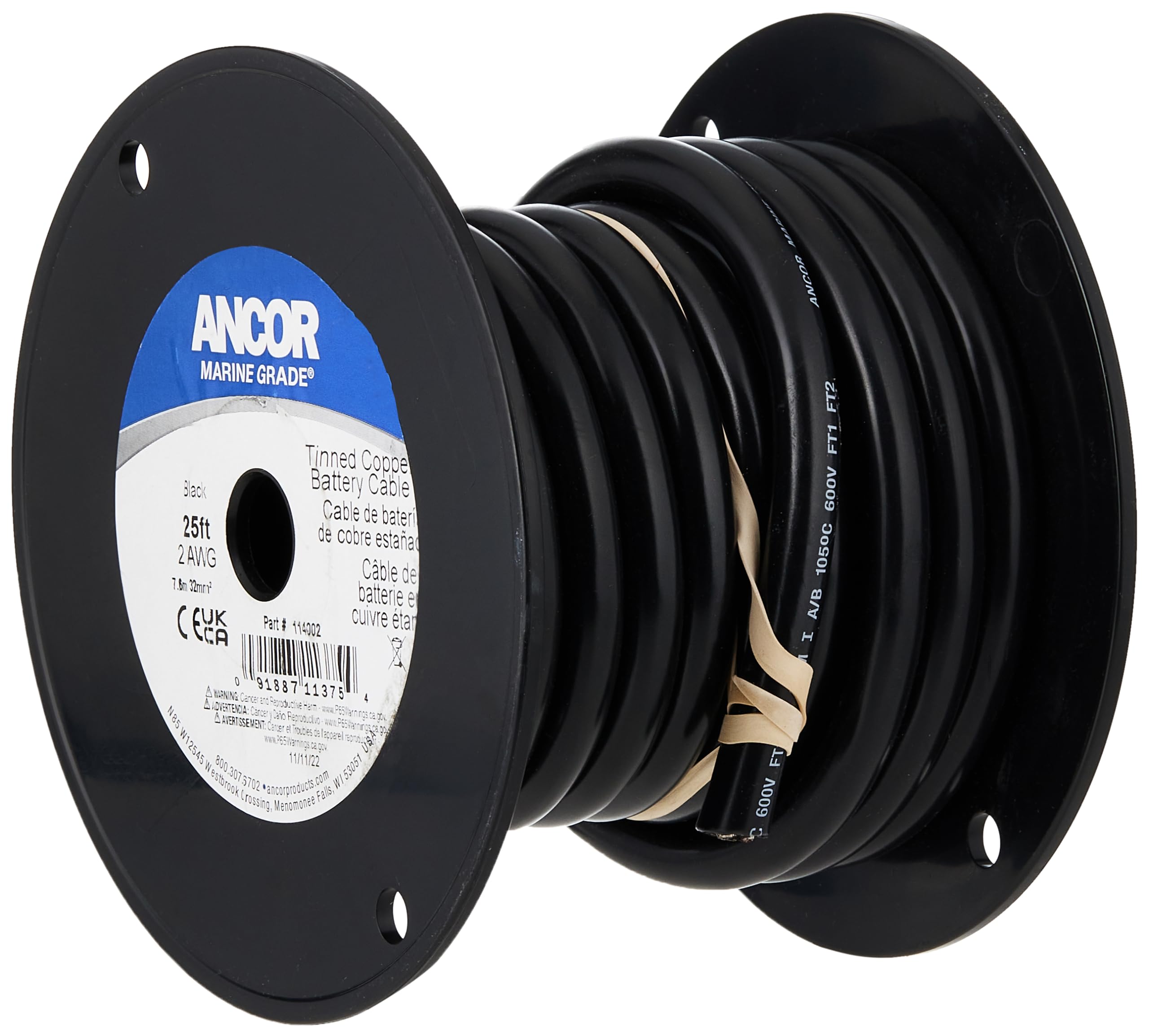 Ancor 114005 2 AWG (32mm2) Tinned Copper Battery Cable - 50ft Black - Marine, RV, Solar & Automotive Power Wiring