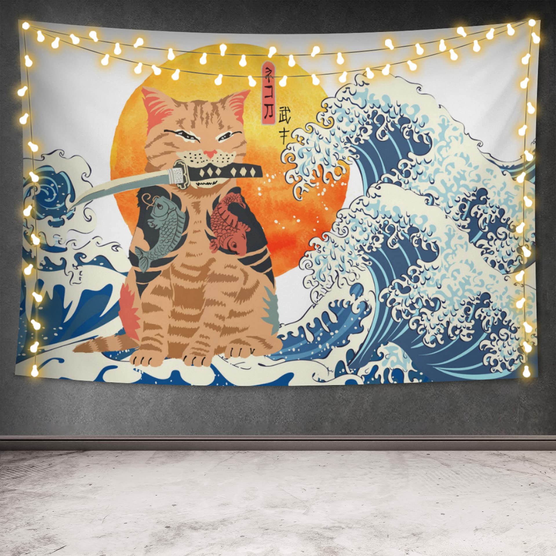 Samurai Cat Tapestry Wall Hanging - 60x40 Inch Digital Print Wall Art for Home Decor, Living Room, Bedroom & Dorm | Perfect for Anime Lovers, Japanese Culture Enthusiasts & Unique Wall Decorations
