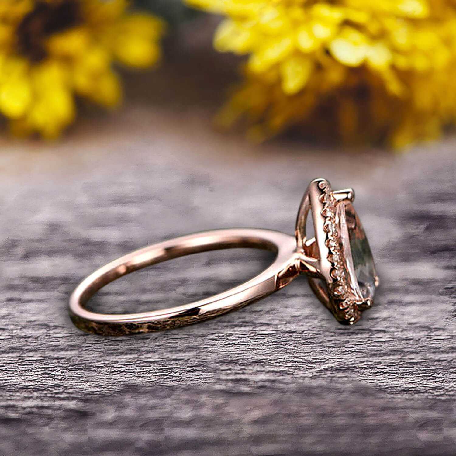1.25 Carat Halo Pear Shaped Morganite Engagement Ring - Handmade 10k Rose Gold Solitaire Stacking Band for Women - Perfect for Anniversary, Proposal & Wedding Jewelry Gift