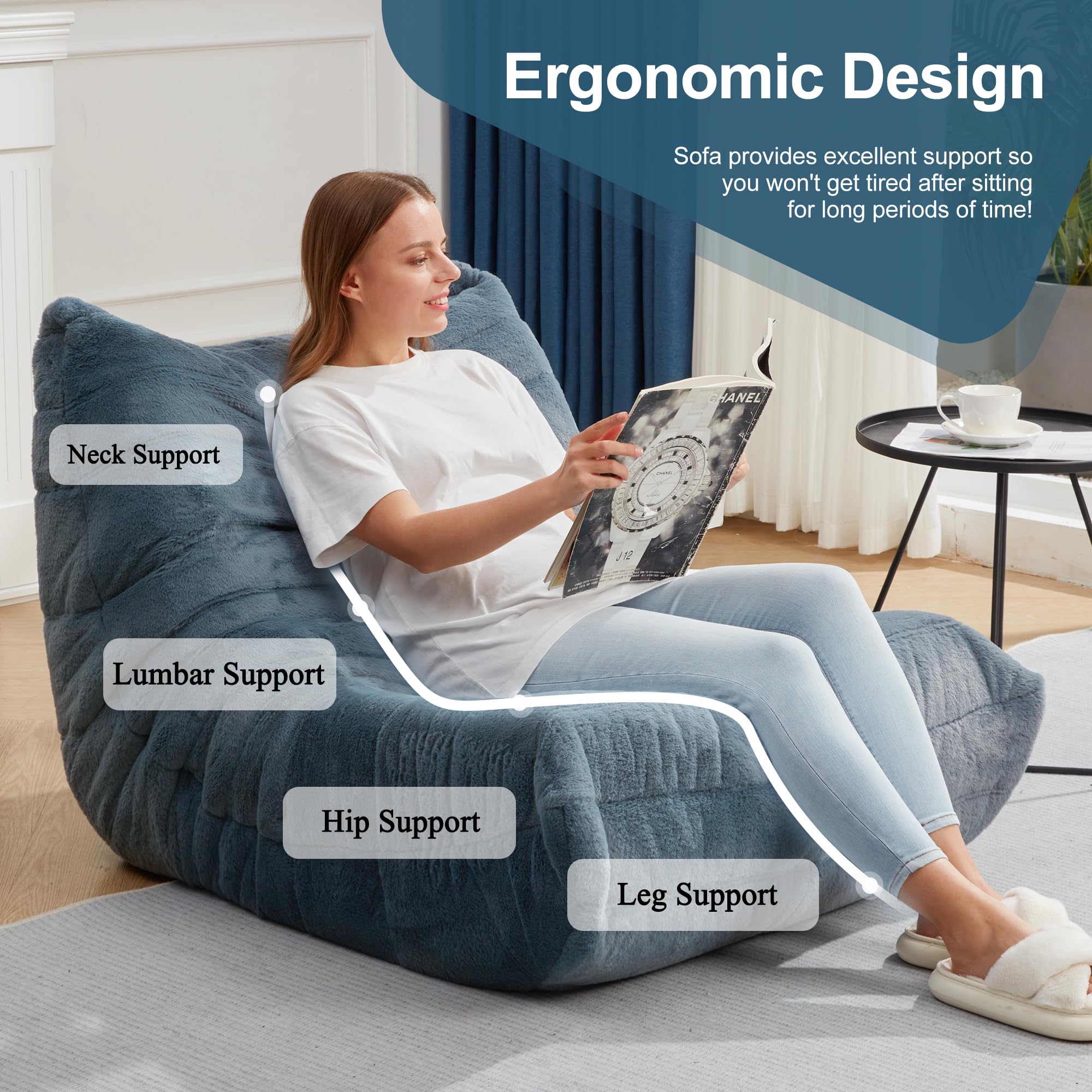 Hobestluk Giant Memory Foam Bean Bag Chair for Adults - Ultra Soft Faux Fur Lazy Sofa in Blue Grey Plush, Perfect for Living Room, Bedroom, Dorm & Office Relaxation