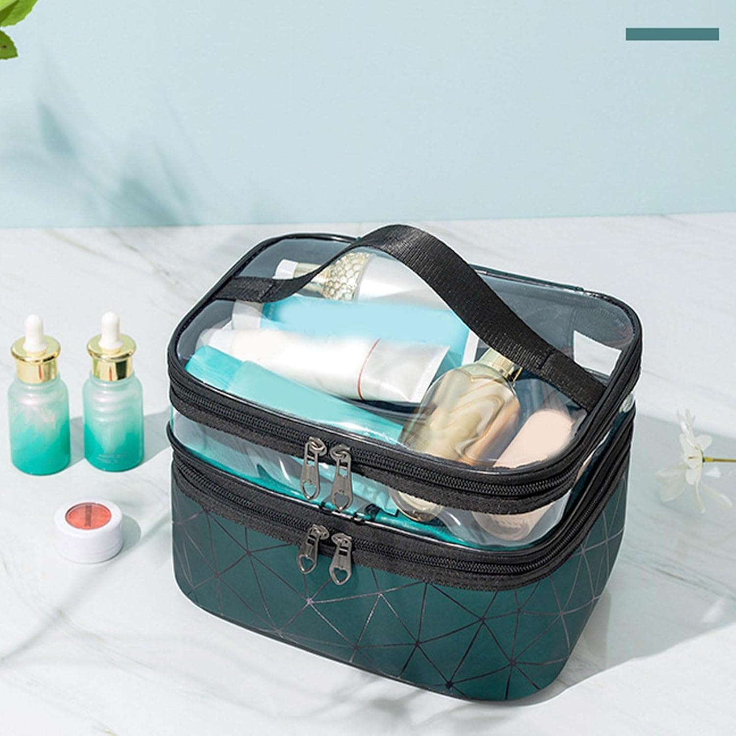 Eopzo Double Layer Waterproof Makeup Bag Organizer for Women - Travel Cosmetic Pouch & Toiletry Case - Perfect for Gym, Vacation, and Daily Use (Green)