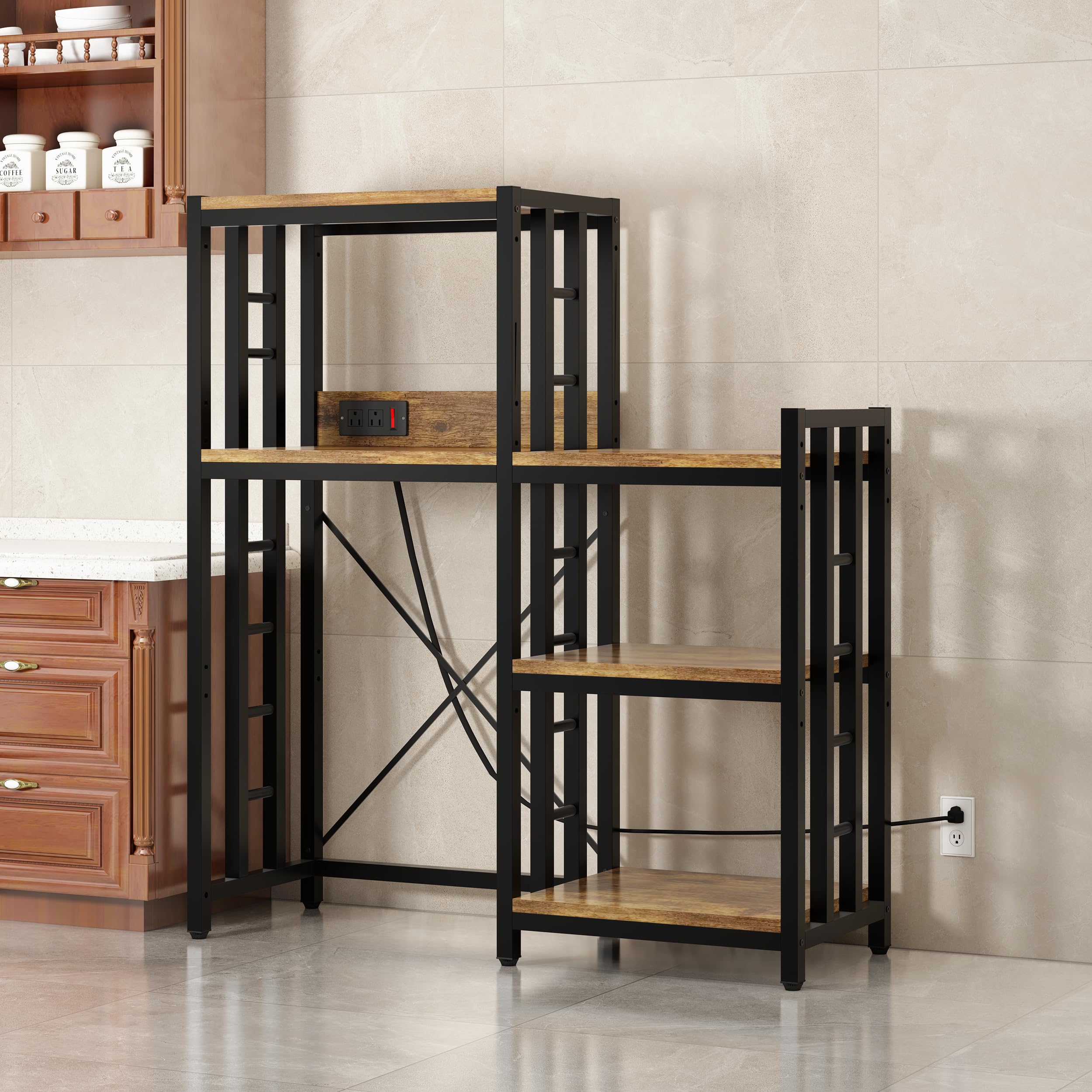6-Tier Kitchen Baker's Rack with Power Outlet & Storage Shelves - Microwave Stand, Mini Fridge Organizer for Spices, Pots & Pans - Perfect for Kitchen, Living Room & Office (Brown)