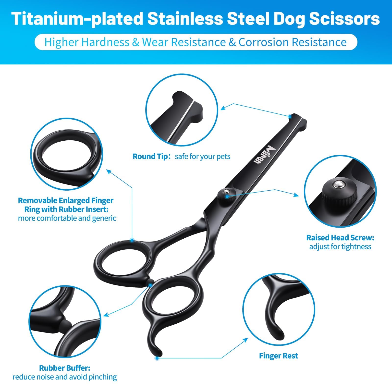 5-in-1 Titanium Plated Dog Grooming Scissors Kit - Professional Stainless Steel Pet Shears with Safety Round Tips for Dogs & Cats - Sharp Durable Grooming Tools for Home Use & Professional Pet Salons