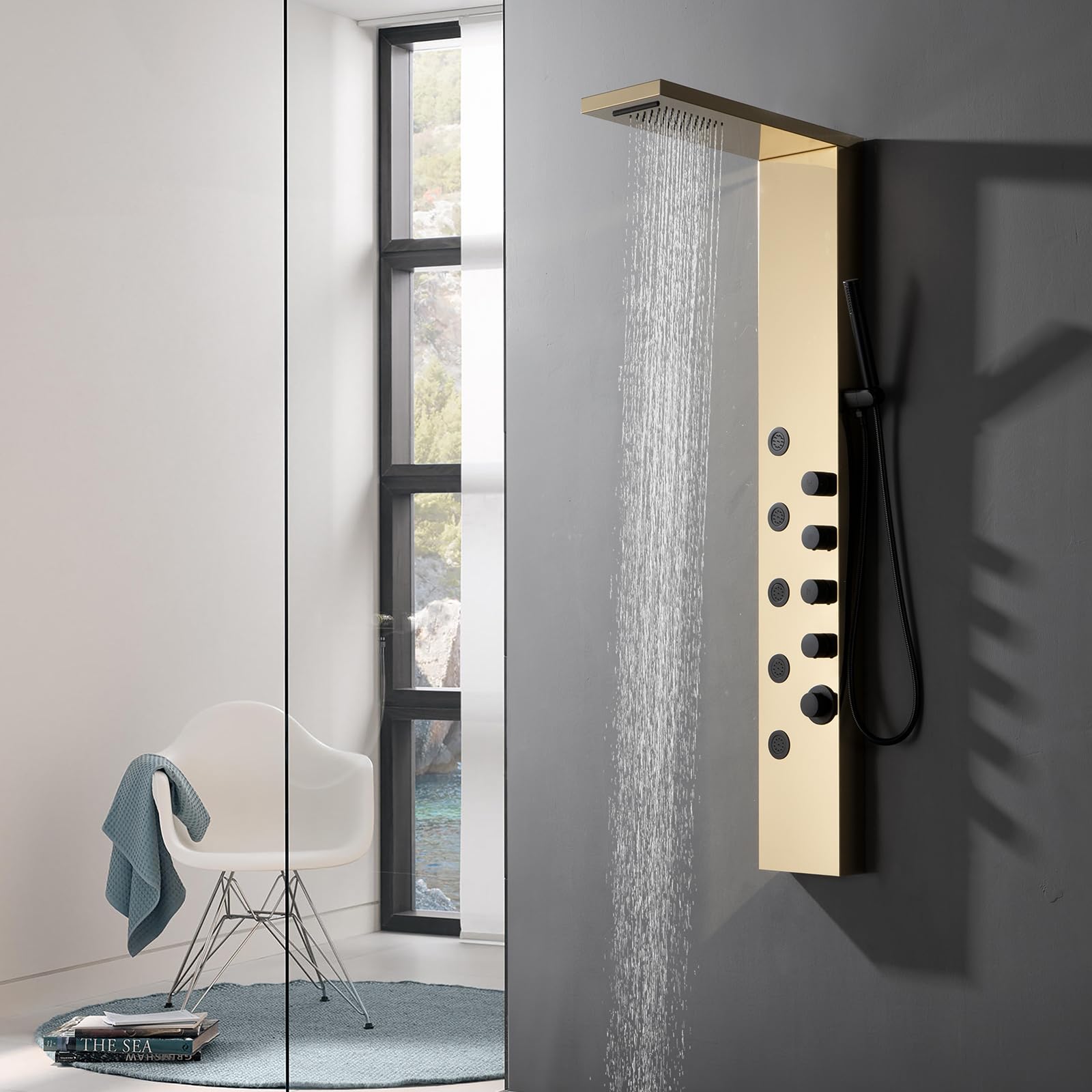 Homevacious Luxury Shower Panel Tower System - Rainfall Shower Head, 5 Body Jets & Handheld Shower | Modern Massage Shower System in Polished Gold & Black | Perfect for Spa-Like Bathroom Renovation & Relaxing Shower Experience