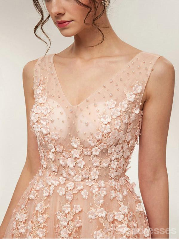 Floral Champagne A-Line Jewel Sleeveless Long Prom Dress for Women - Elegant Evening Gown for Homecoming, Ball, Wedding & Special Occasions