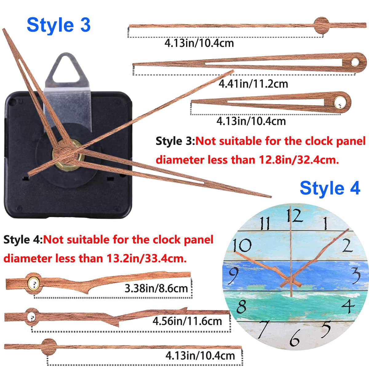4 Pack Silent Non-Ticking Wall Clock Movement Mechanism with 4 Styles Walnut Wood Clock Hands - Quartz Motor DIY Repair Kit, Battery Operated Replacement Parts for 12 Inch Clocks - Perfect for Home Decor, Office, Classroom, and DIY Clock Making Projects