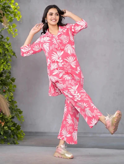 Palm Pink Printed Co-Ord Set for Women | Trendy Matching Outfit | UK Next Day Delivery | Perfect for Beach Vacations & Summer Parties
