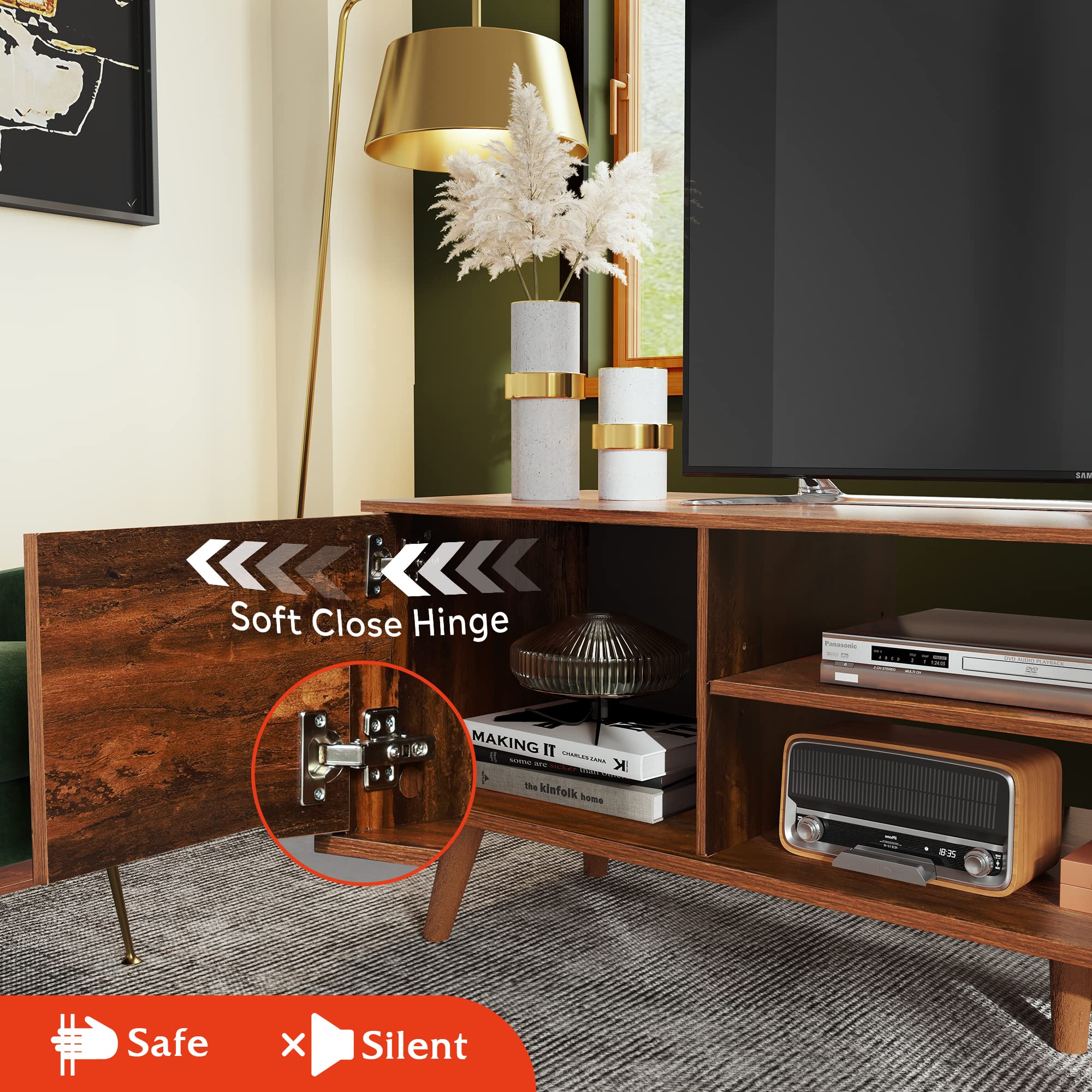 WLIVE Mid Century Modern TV Stand for 55-60 Inch TVs - Retro Brown Entertainment Center with Storage - Perfect for Living Room Home Theater Setup