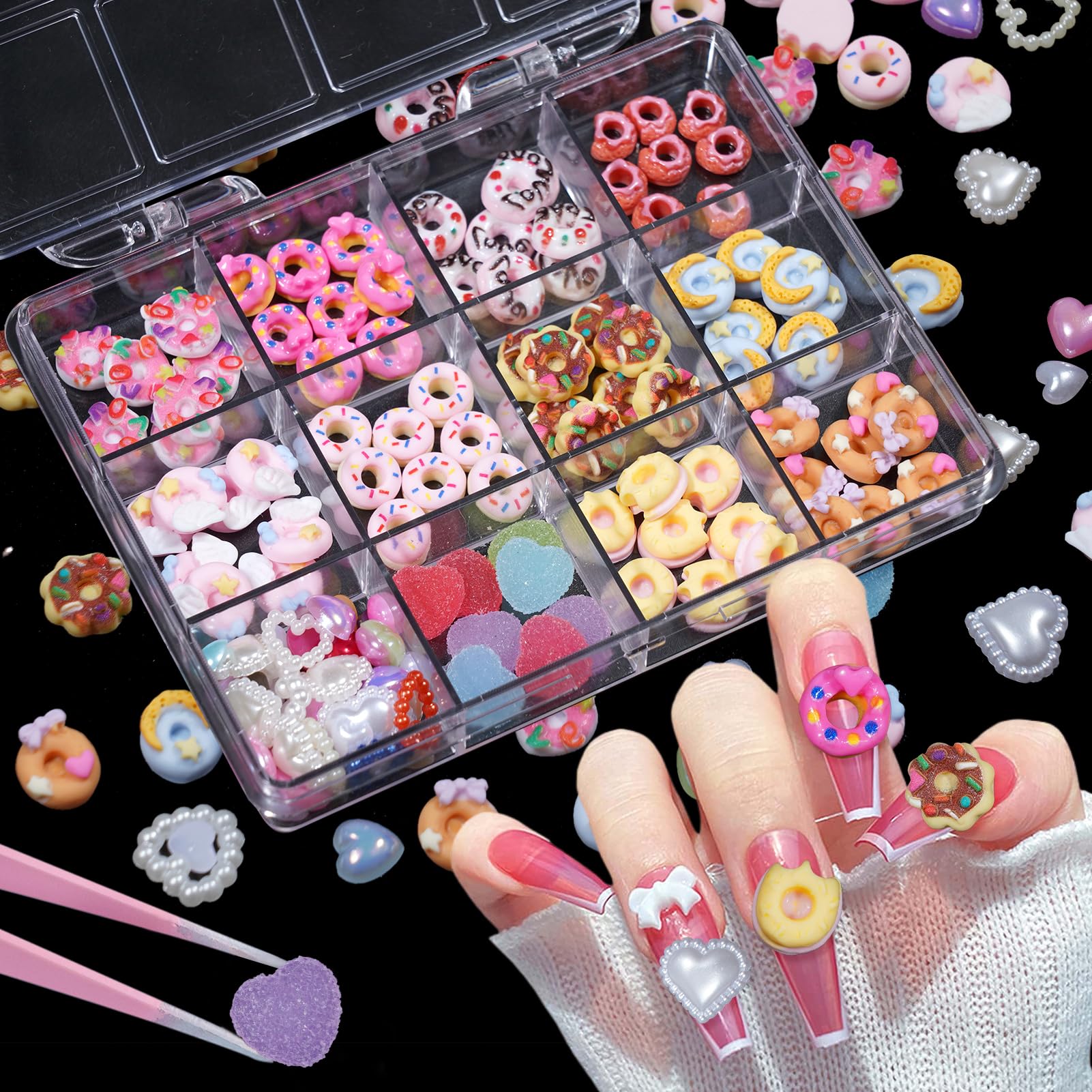 3D Candy Nail Charms - Assorted Donut, Pearl Heart & Cartoon Nail Art Decorations for DIY Nail Design | Includes Pickup Tools | Perfect for Nail Salons, Home Manicures & Party Nail Art