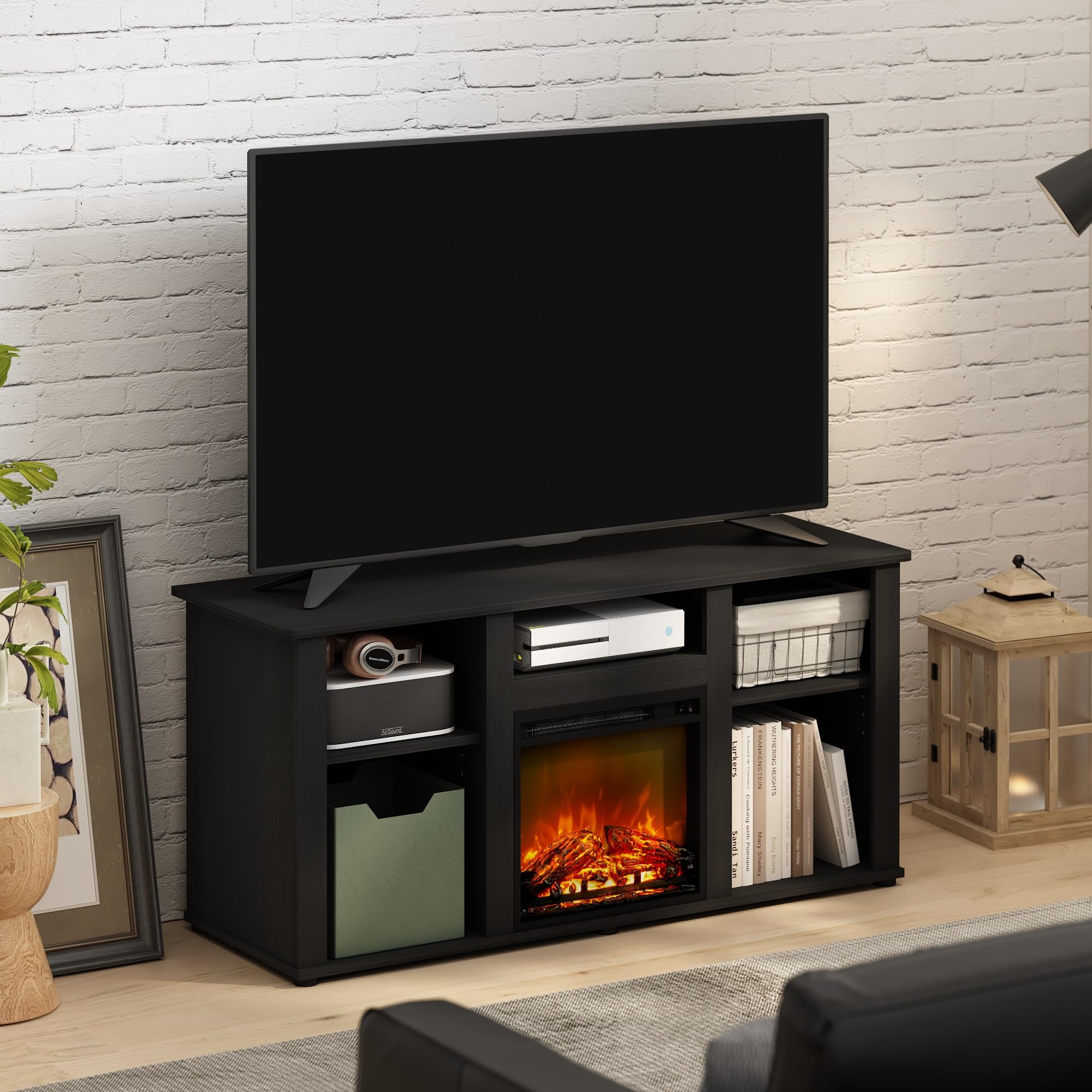 Furinno Jensen 55 Inch Fireplace TV Stand with Open Storage - Modern Entertainment Center for Living Room, Bedroom & Home Theater