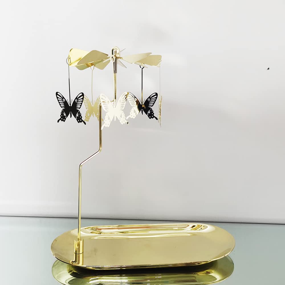 Rotating Tea Light Candle Holder with Oval Tray & Butterfly Design - Gold Carousel Spinner for Christmas, Valentine's Day, Party Decor, Wedding Centerpiece, and Home Decoration Gift