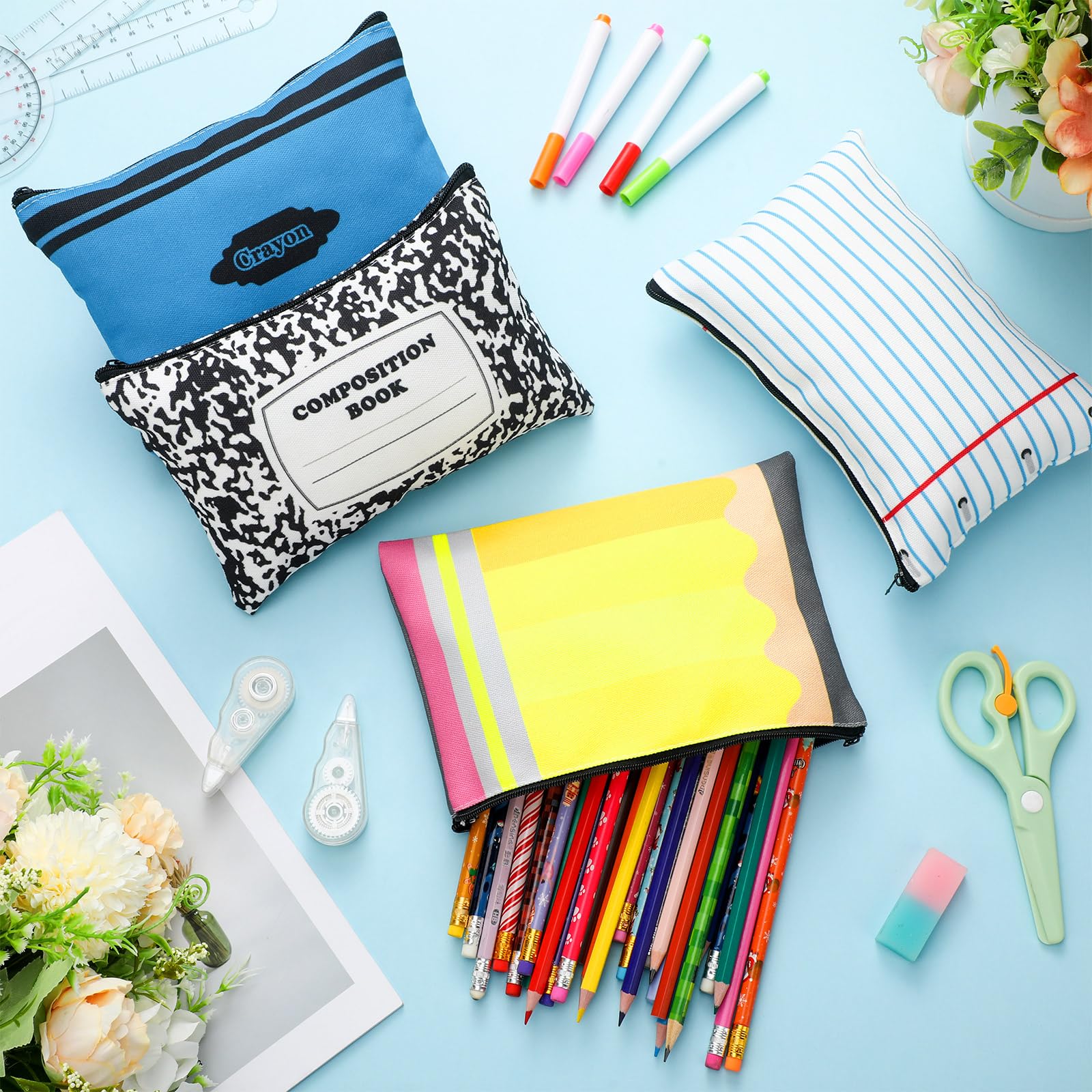 8-Piece Set Teacher Appreciation Makeup Bags - Bulk Pencil, Crayon & Notebook Design Cosmetic Pouches (9