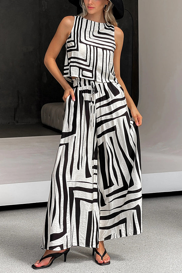 Women's Striped Printed Sleeveless Casual Top & Elastic Waist Loose Pocket Wide Leg Pants Set - Summer Outfit for Beach, Travel and Daily Wear