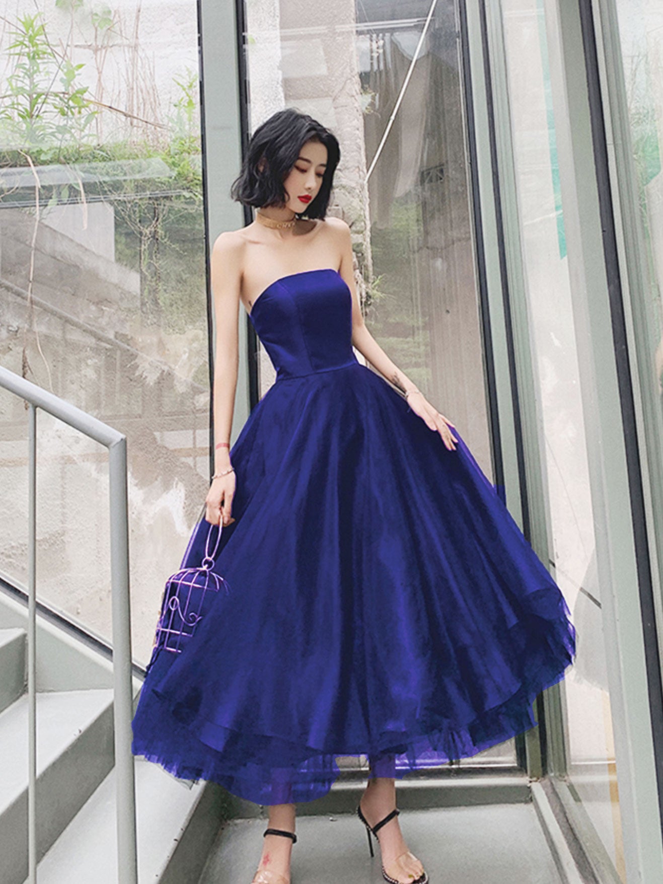 Elegant Blue Tulle Tea Length Prom Dress for Women - Flowy Homecoming Dress with Layered Skirt - Perfect for Prom Night, Homecoming Dance & Formal Events