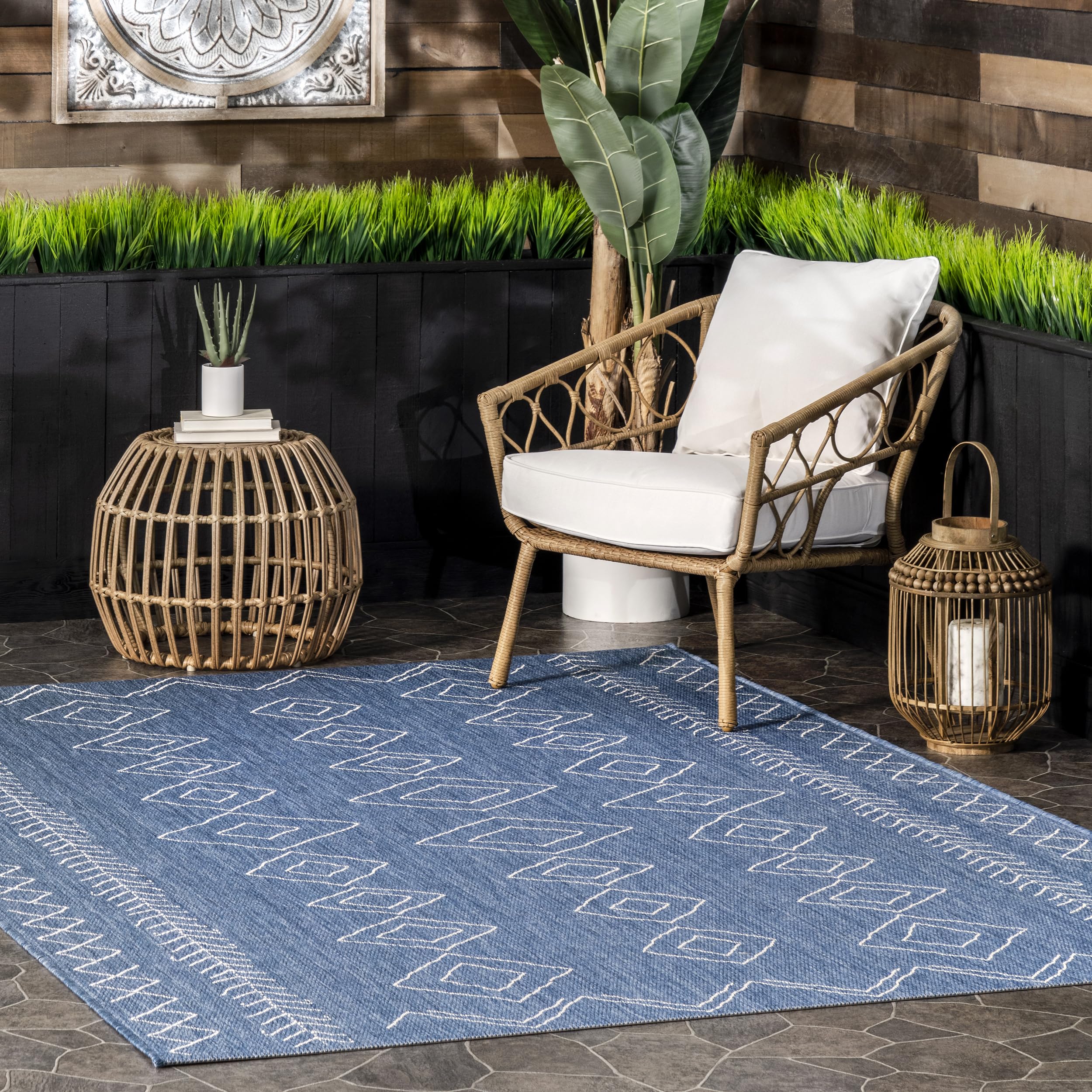 nuLOOM Moroccan Indoor/Outdoor Area Rug 6'x6' Square - Serna Blue Handwoven Boho Chic Rug for Living Room, Bedroom, Patio & Deck Decor