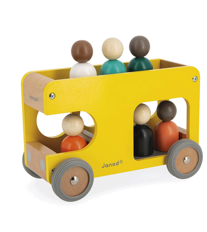 Janod Bolid School Bus Toy - Wooden Educational Toy for Kids, Perfect for Pretend Play & Early Learning | Great for Preschool, Daycare & Home Playtime