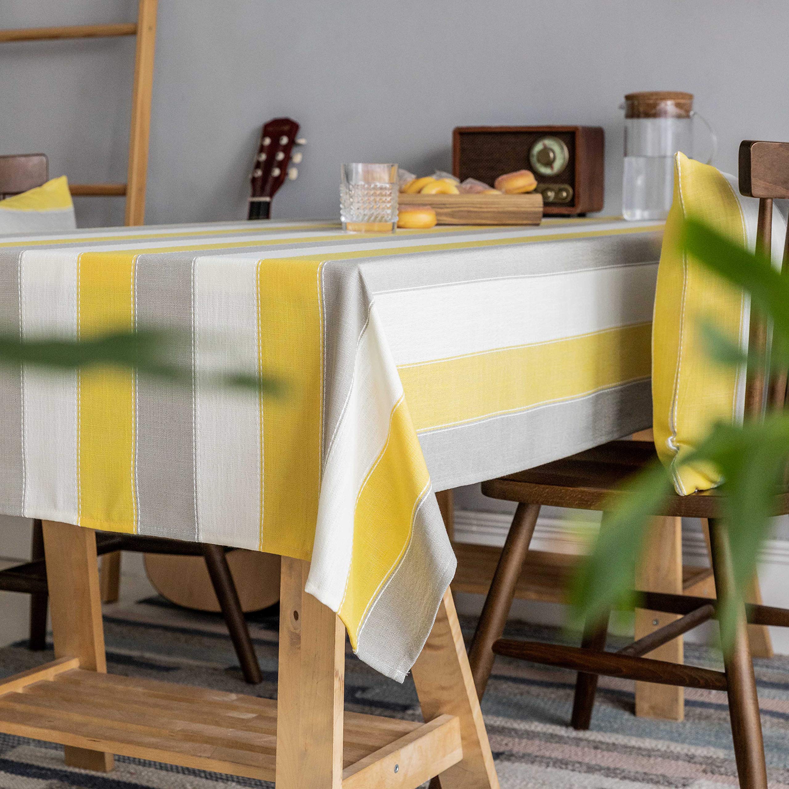 Premium Yellow Rectangle Tablecloth for Farmhouse & Kitchen Dining Table Decor - 52 x 102 Inches, Yellow Grey Cream Stripes - Perfect for Dinner Parties, Holiday Gatherings & Everyday Home Decor