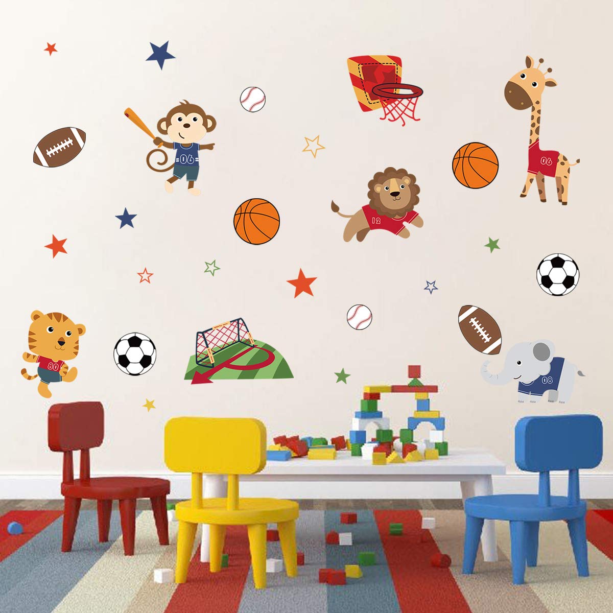 Decalmile Sports Animals Wall Decals - Monkey, Elephant, Giraffe Stickers for Baby Nursery, Boys Bedroom & Playroom Decor - Perfect for Kids' Room Themes & Birthday Party Decorations