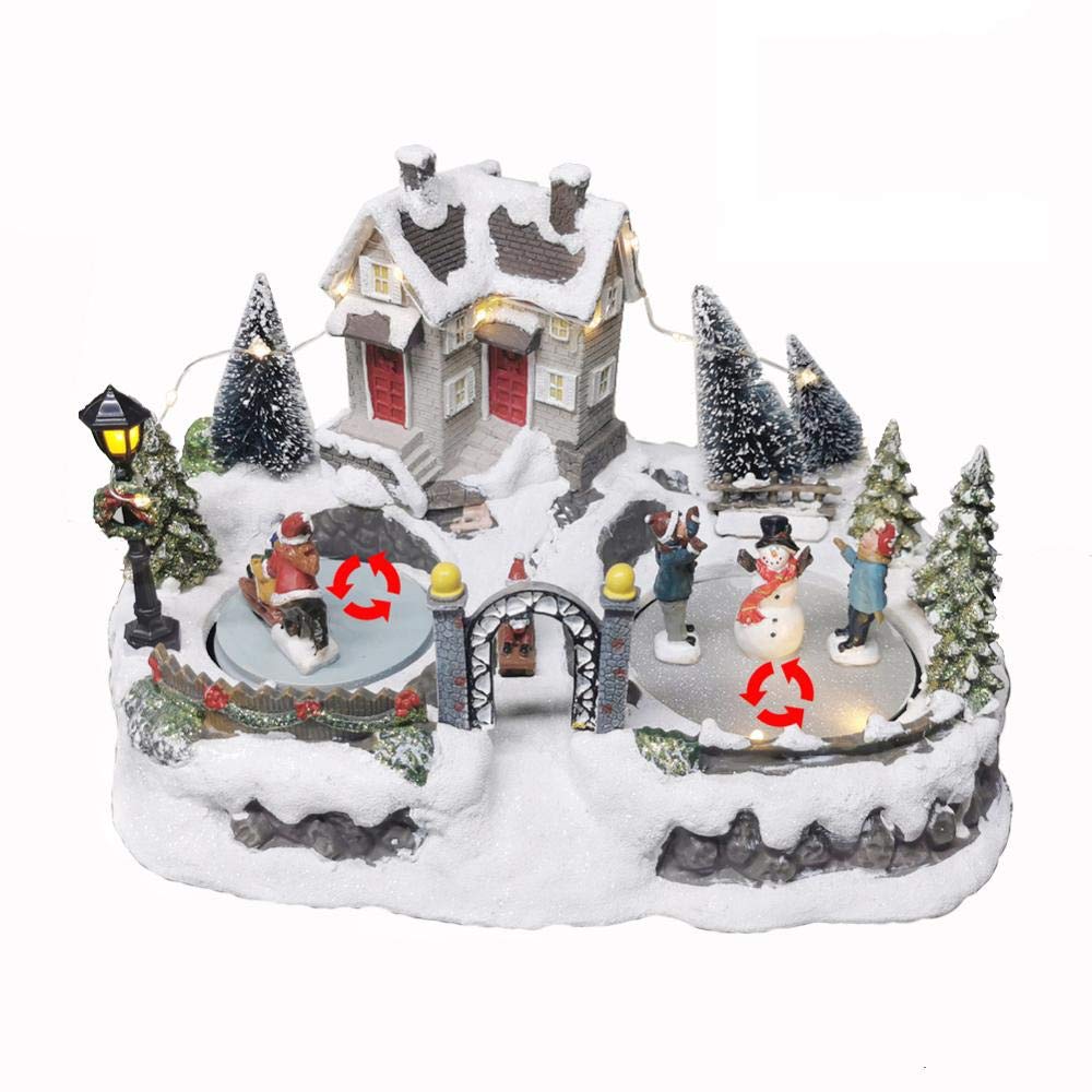 PDGJG Christmas Village House Scene with 2 Rolling Figurines - LED Light & Music, Battery Operated & USB Powered - Perfect for Holiday Home Decor, Gift Giving & Christmas Display