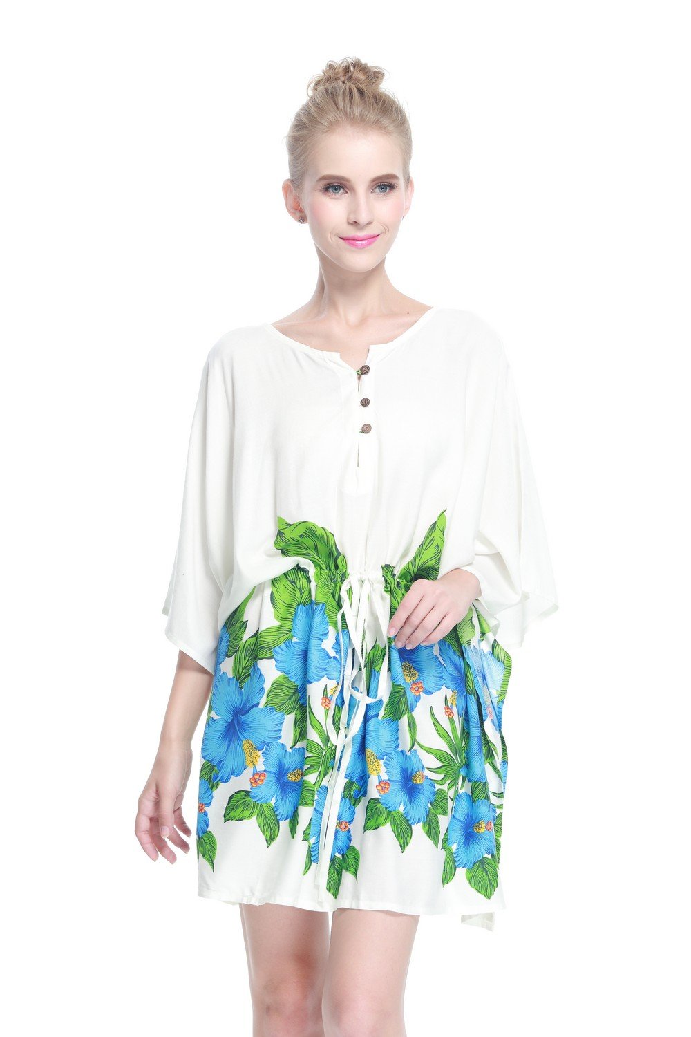Women's Hawaiian Poncho Dress with Tie - White & Blue Floral Border Print | Beach Cover Up, Summer Vacation Outfit, Luau Party Wear