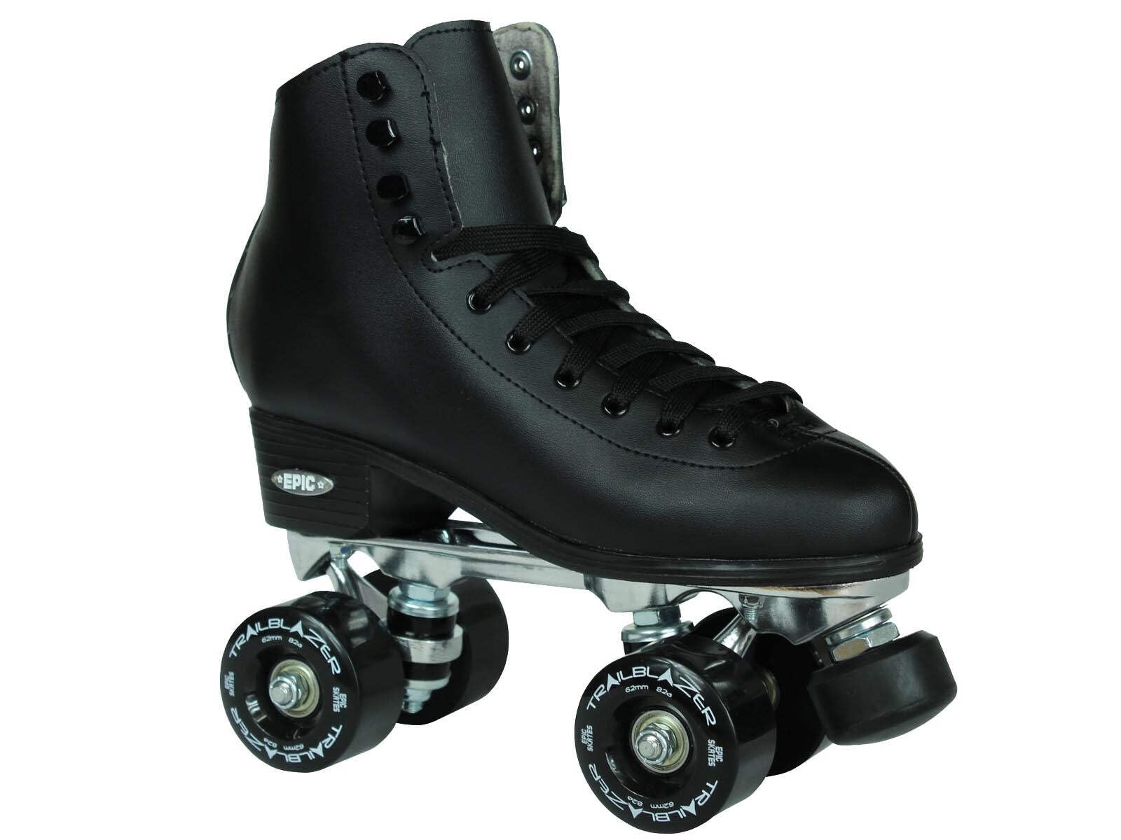 Epic Classic Solid Black High-Top Quad Roller Skates for Men - Size 7 with Carrying Bag, Extra Laces & Pom Poms | Retro Roller Derby, Dance Skating & Outdoor Rink Fun