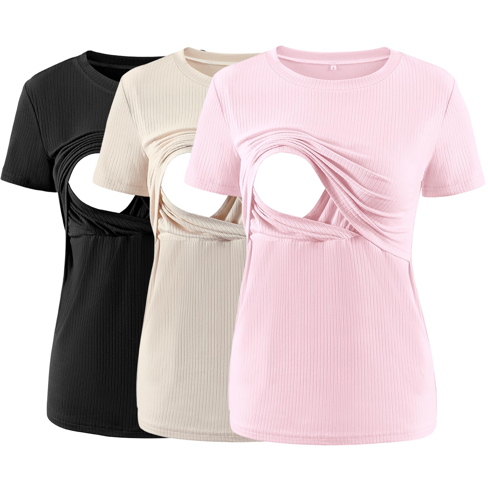 Liu & Qu Women's Maternity Nursing Tops - 3 Pack Soft Ribbed Short Sleeve Breastfeeding Shirts for Pregnancy & Postpartum | Comfortable Nursing Clothes for Daily Wear, Work & Outings