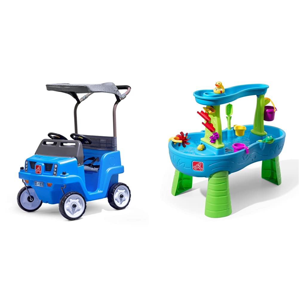 Step2 Side-by-Side Push Around SUV - 2 Seat Toddler Ride-On Toy Car with Realistic Features | Blue & Rain Showers Splash Pond Water Table - Outdoor Water Play Activity Center with 13 Accessories | Perfect for Backyard Fun, Playdates & Summer Activities