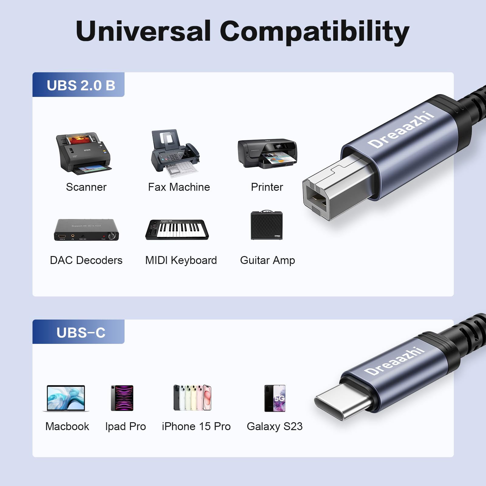 Dreaazhi USB B to USB C Printer Cable 1M (3.3ft) - Braided USB 2.0 Type C to USB B Cable Compatible with HP, Epson, Canon Printers, Scanners, Casio Digital Pianos & MIDI Controllers - Fast Charging & Data Sync for Home Office & Studio Use