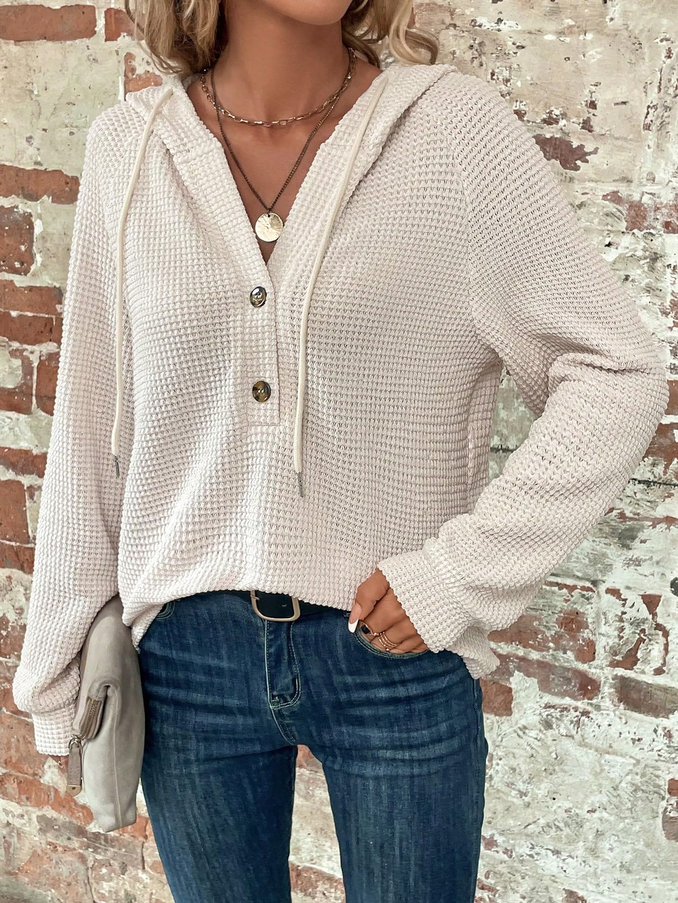 WDIRARA Women's Oversized Waffle Knit Hoodie - V Neck Button Up Pullover Sweatshirt for Casual Wear, Lounge & Fall Outfits
